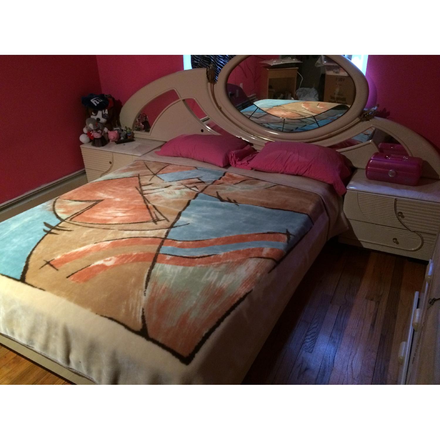 Queen Size Bed Frame w/ Marble Top Nighstands & Mirror/Nightlight Headboard - image-2