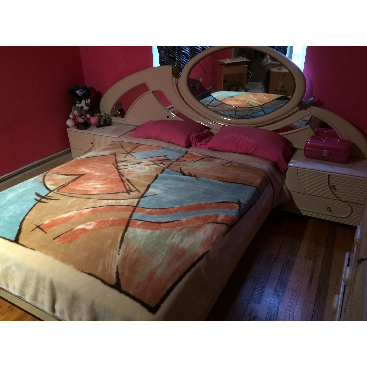 Queen Size Bed Frame w/ Marble Top Nighstands & Mirror/Nightlight Headboard - image-4