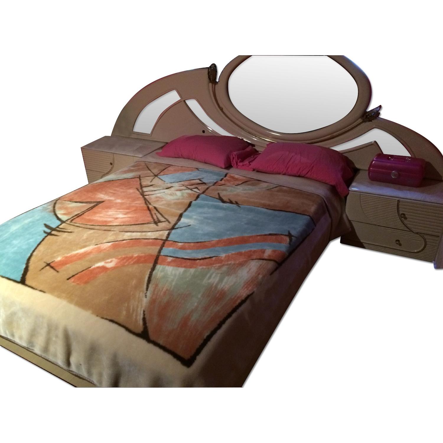 Queen Size Bed Frame w/ Marble Top Nighstands & Mirror/Nightlight Headboard - image-0