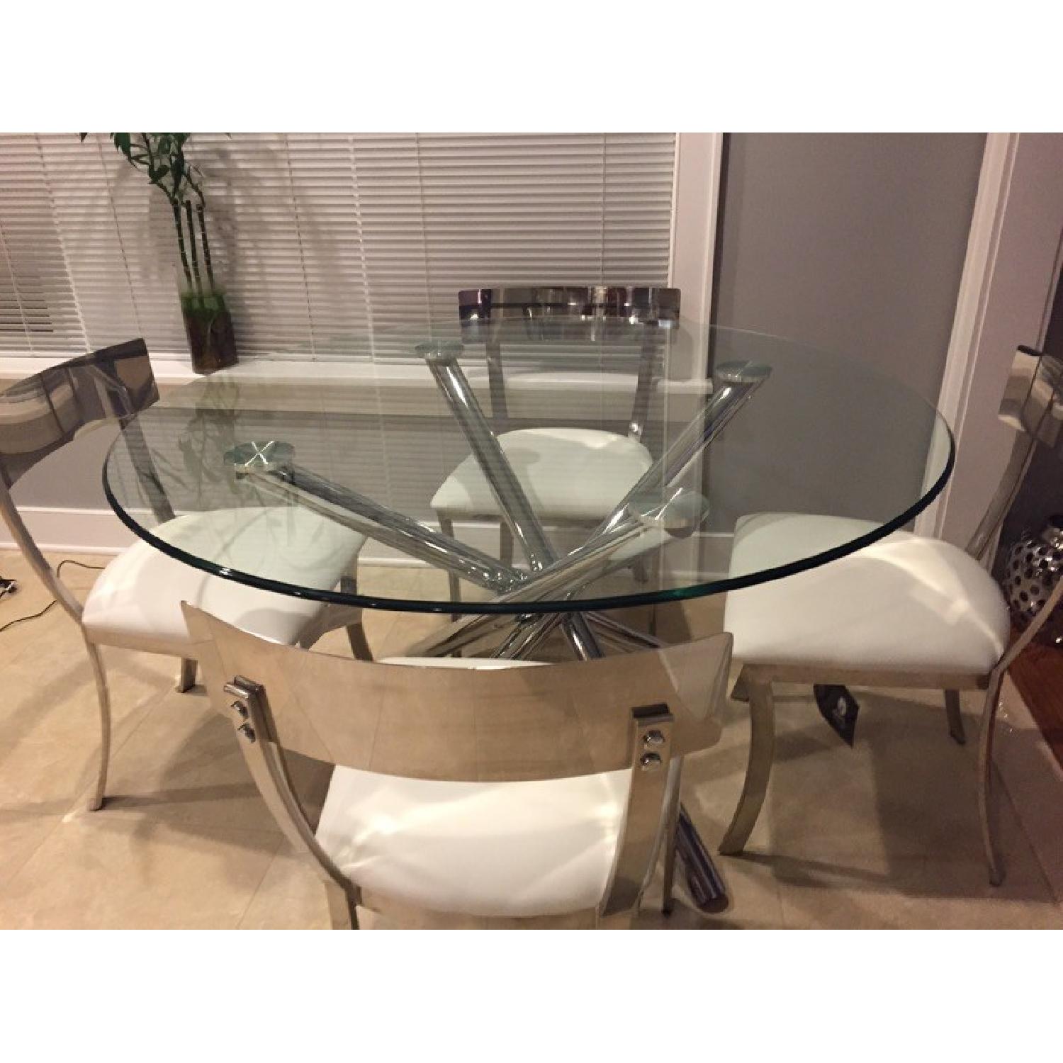 Glass Dining Table w/Chrome Base and 4 Sunpan Modern White Leather Chairs - image-1