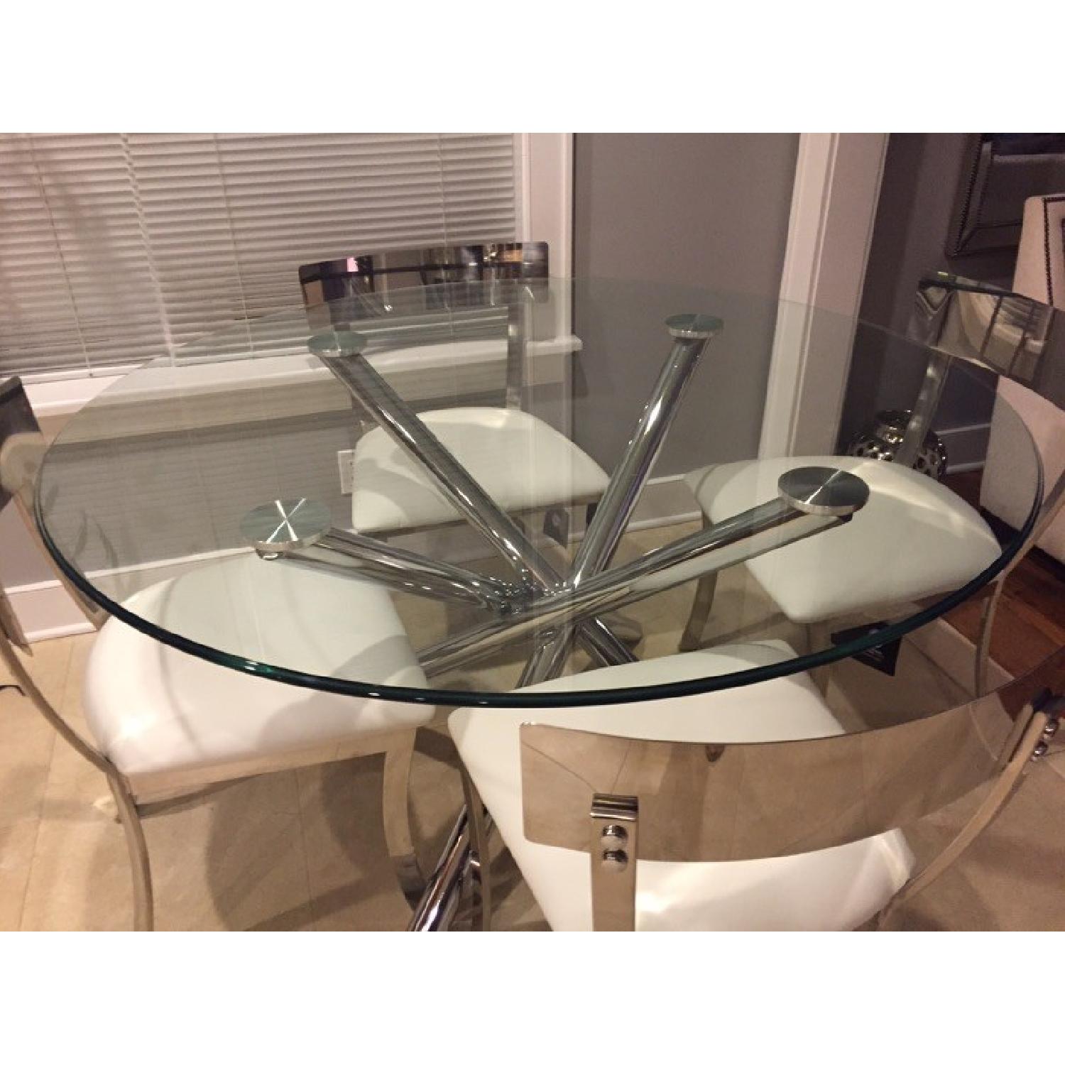 Glass Dining Table w/Chrome Base and 4 Sunpan Modern White Leather Chairs - image-2