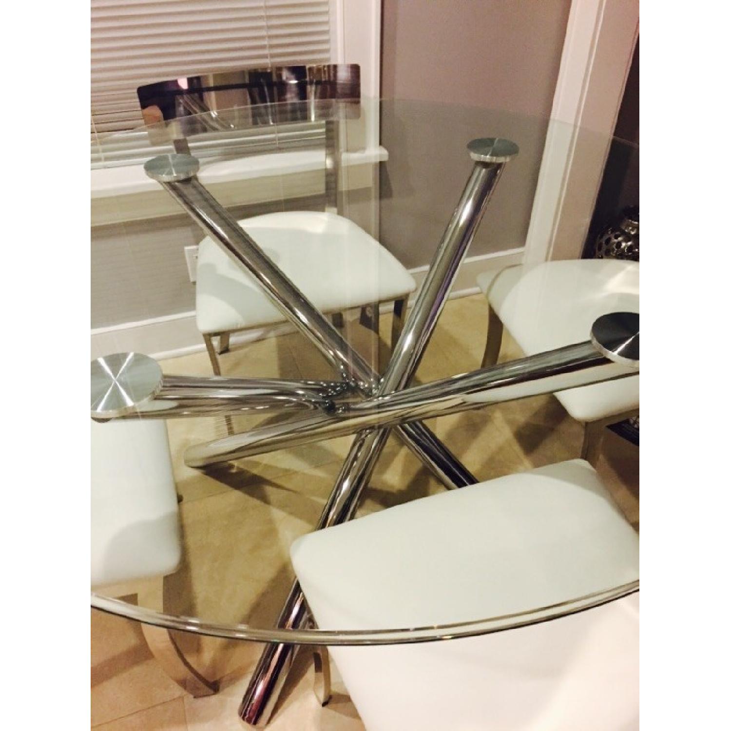 Glass Dining Table w/Chrome Base and 4 Sunpan Modern White Leather Chairs - image-3
