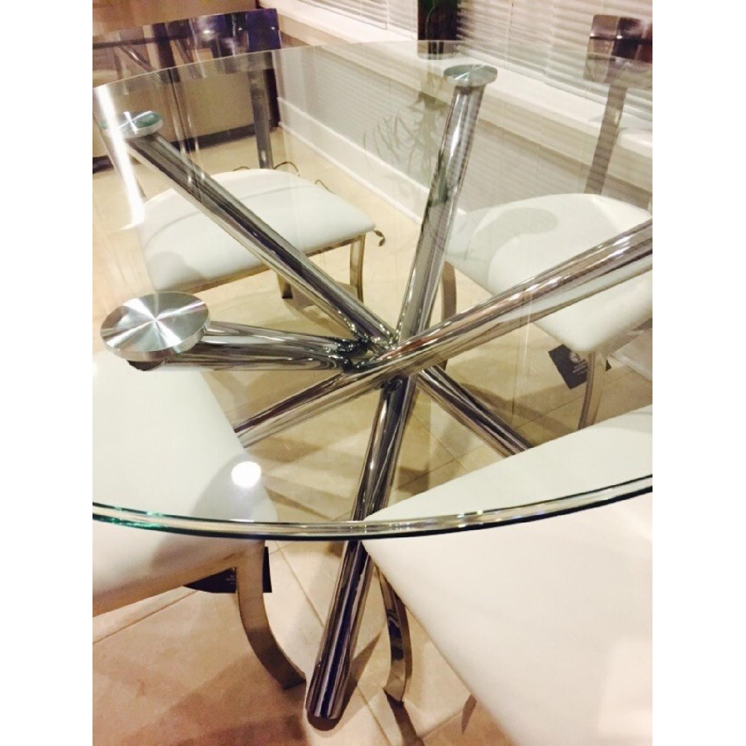 Glass Dining Table w/Chrome Base and 4 Sunpan Modern White Leather Chairs - image-4