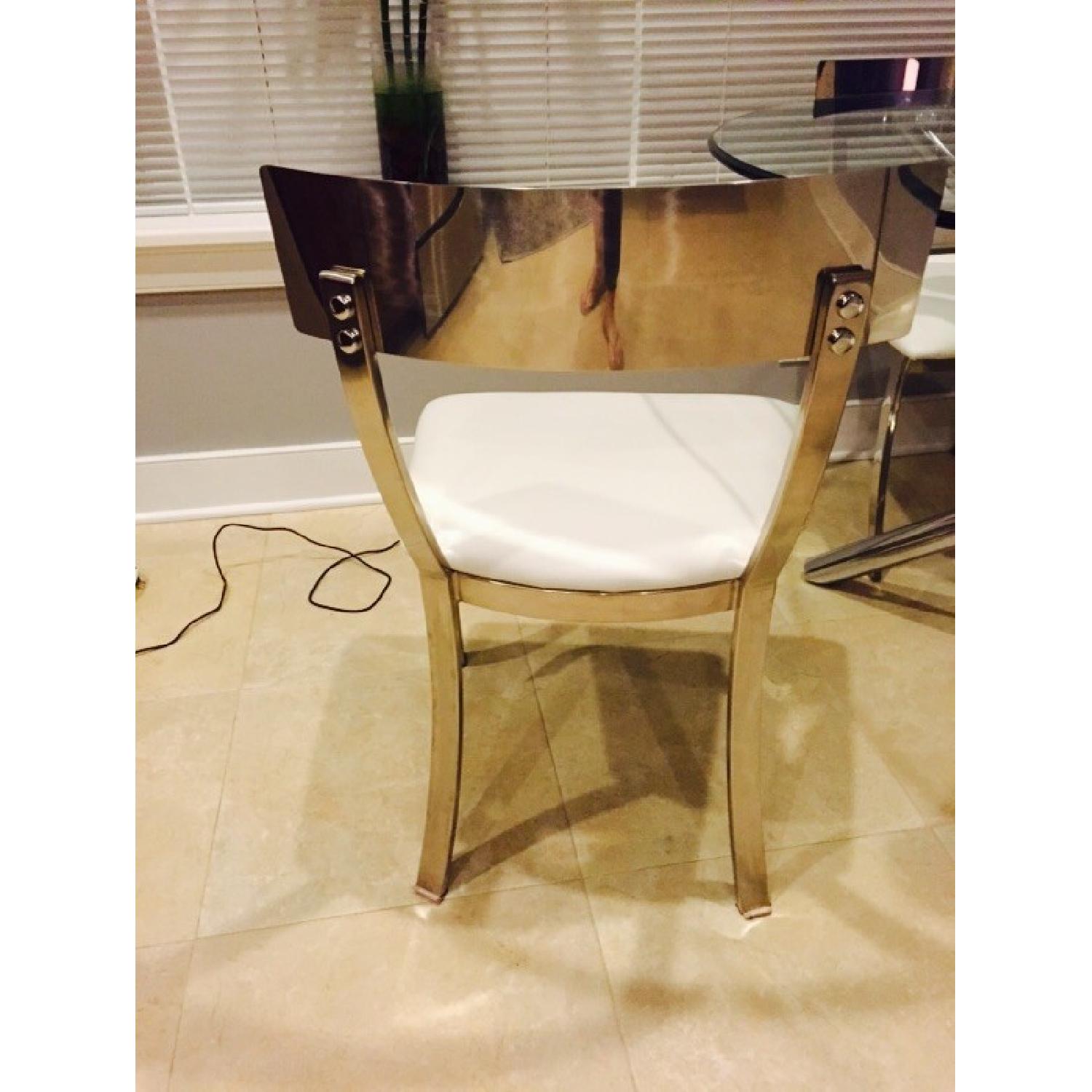 Glass Dining Table w/Chrome Base and 4 Sunpan Modern White Leather Chairs - image-5