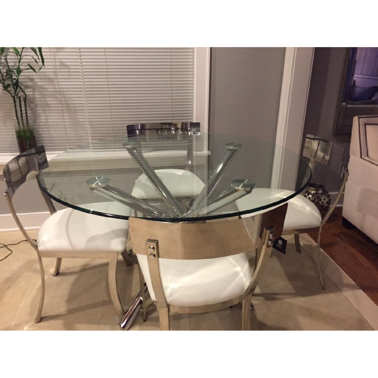 Glass Dining Table w/Chrome Base and 4 Sunpan Modern White Leather Chairs - image-6