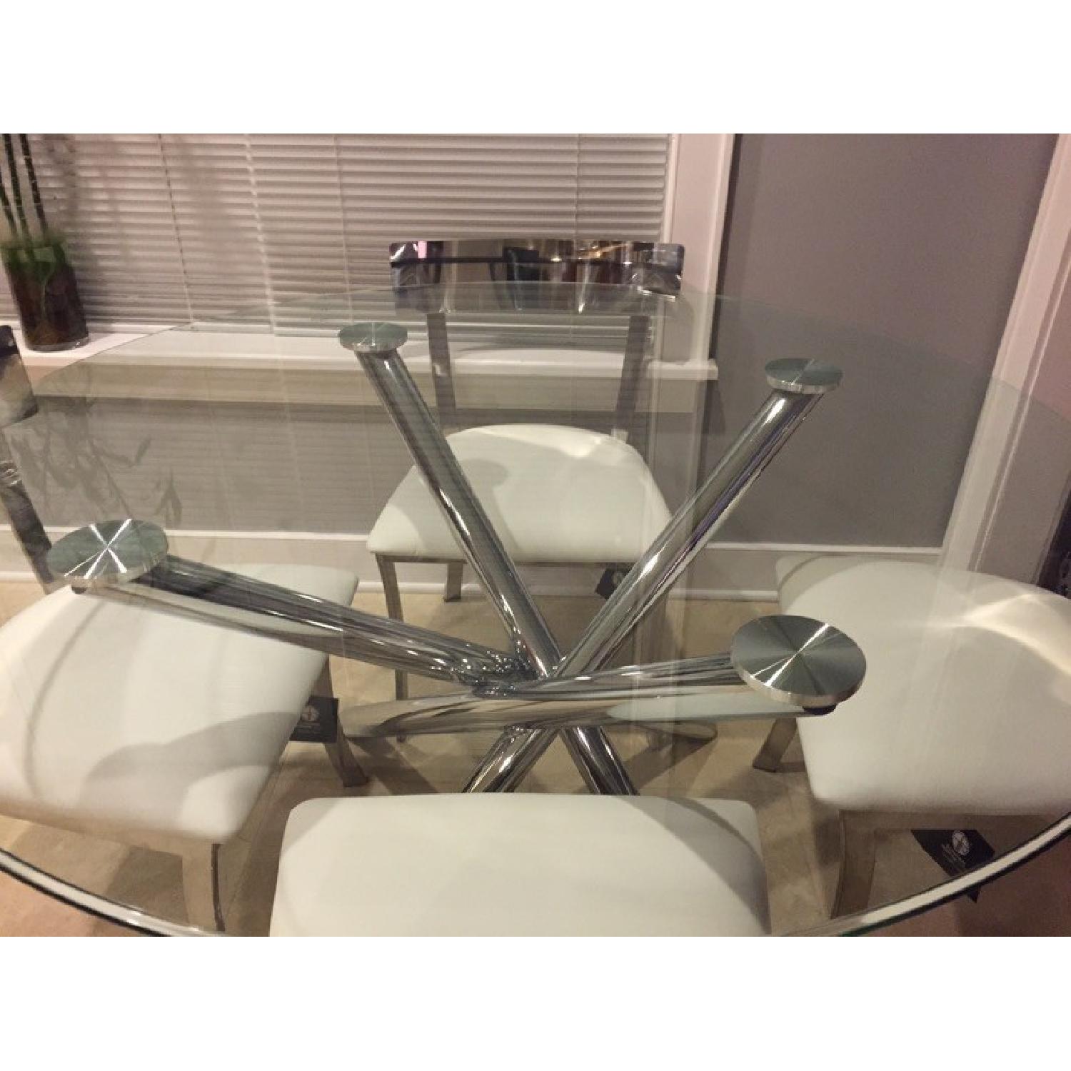 Glass Dining Table w/Chrome Base and 4 Sunpan Modern White Leather Chairs - image-7