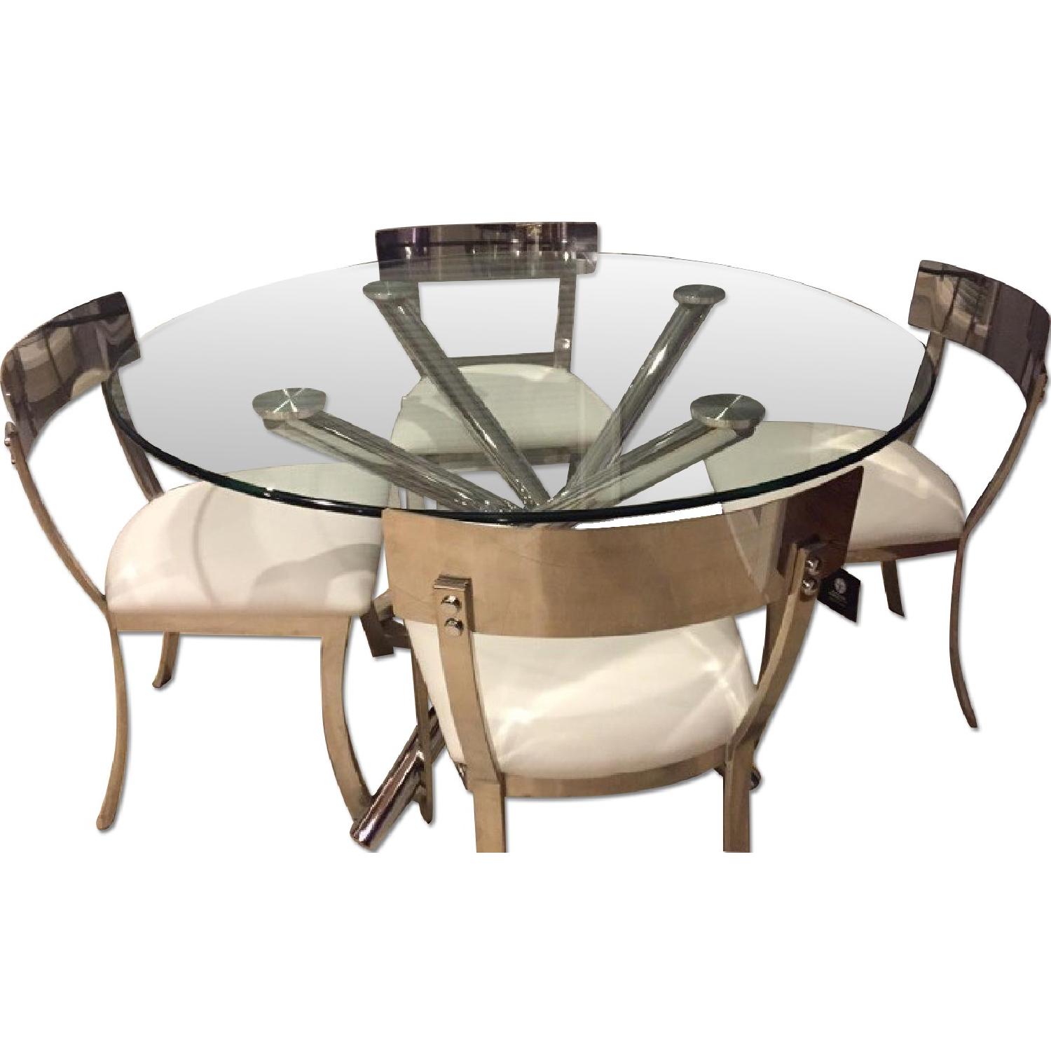 Glass Dining Table w/Chrome Base and 4 Sunpan Modern White Leather Chairs