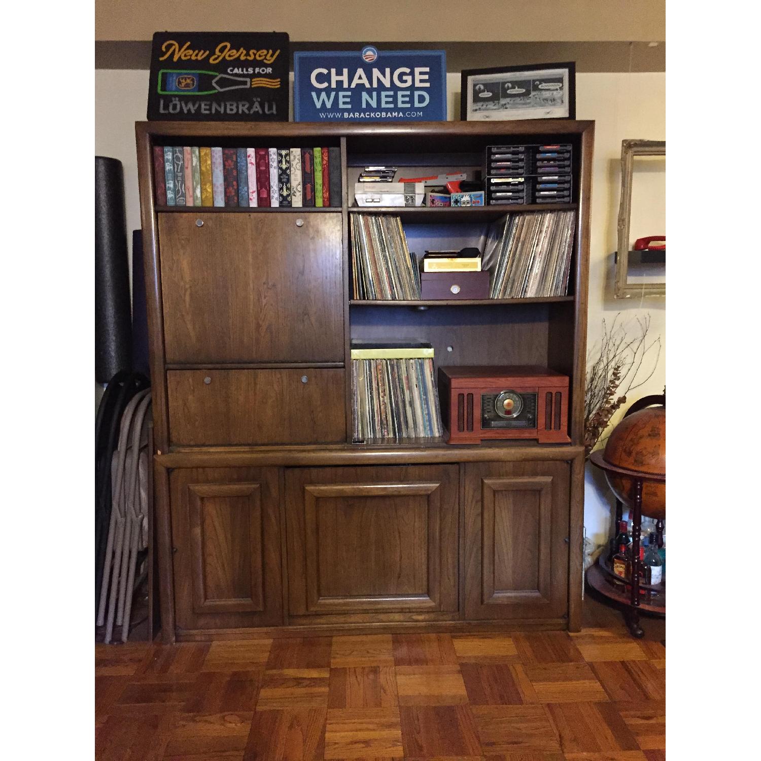 The Lane Co. Dark Brown Wood Record Cabinet Wall Unit w/ Built-In Wine Rack and Desk - image-1