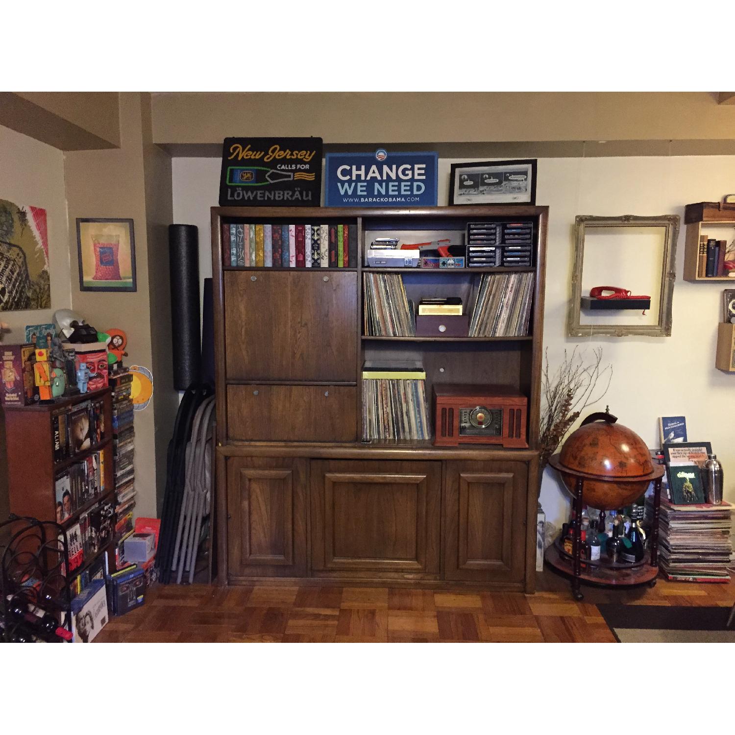 The Lane Co. Dark Brown Wood Record Cabinet Wall Unit w/ Built-In Wine Rack and Desk - image-2