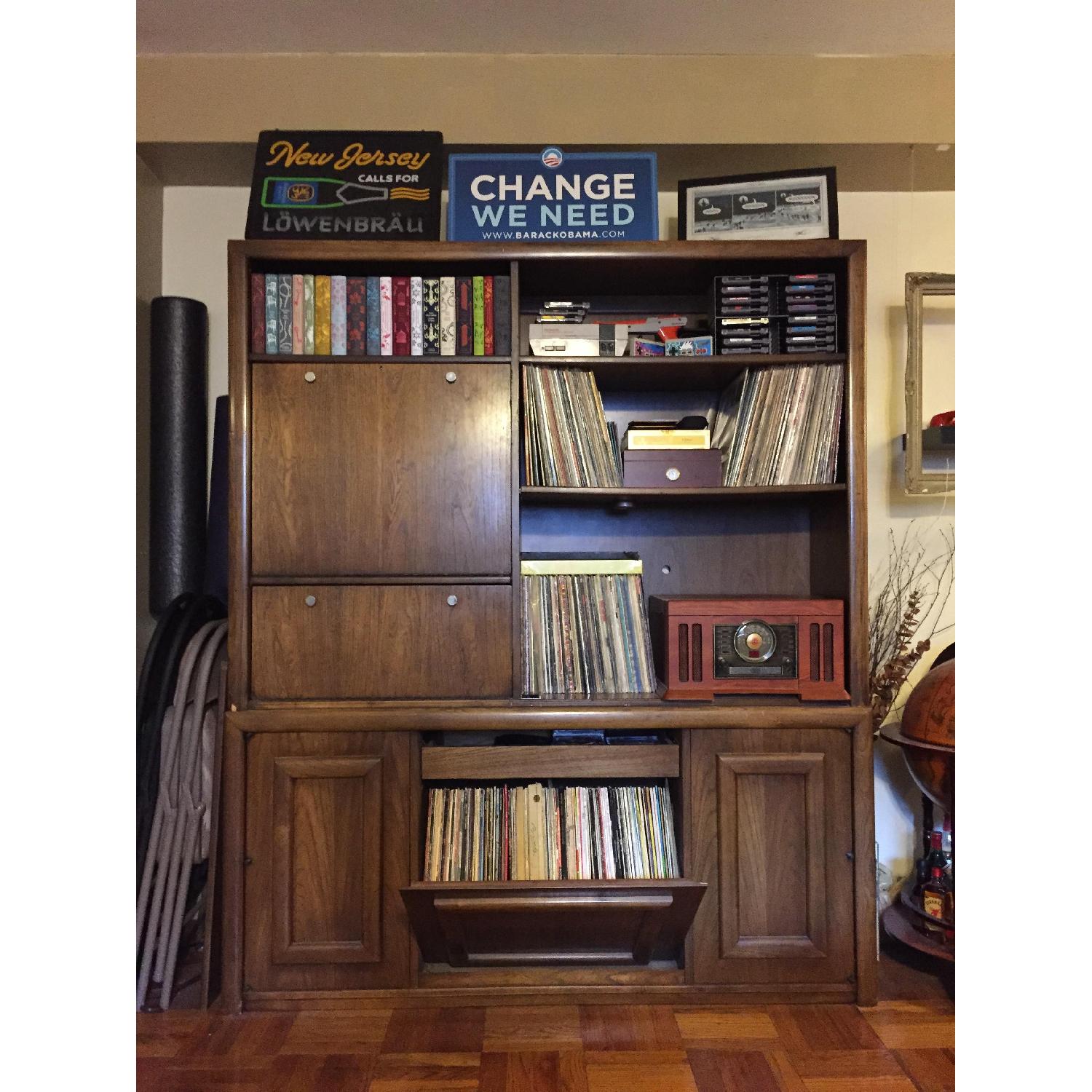 The Lane Co. Dark Brown Wood Record Cabinet Wall Unit w/ Built-In Wine Rack and Desk - image-7