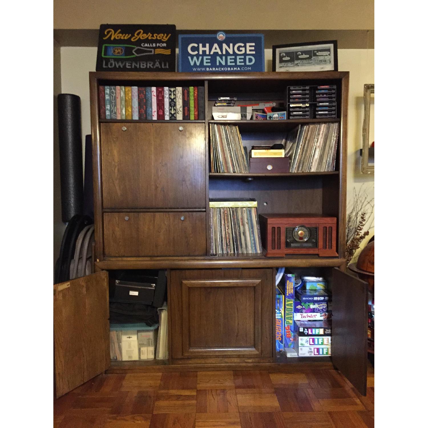The Lane Co. Dark Brown Wood Record Cabinet Wall Unit w/ Built-In Wine Rack and Desk - image-8