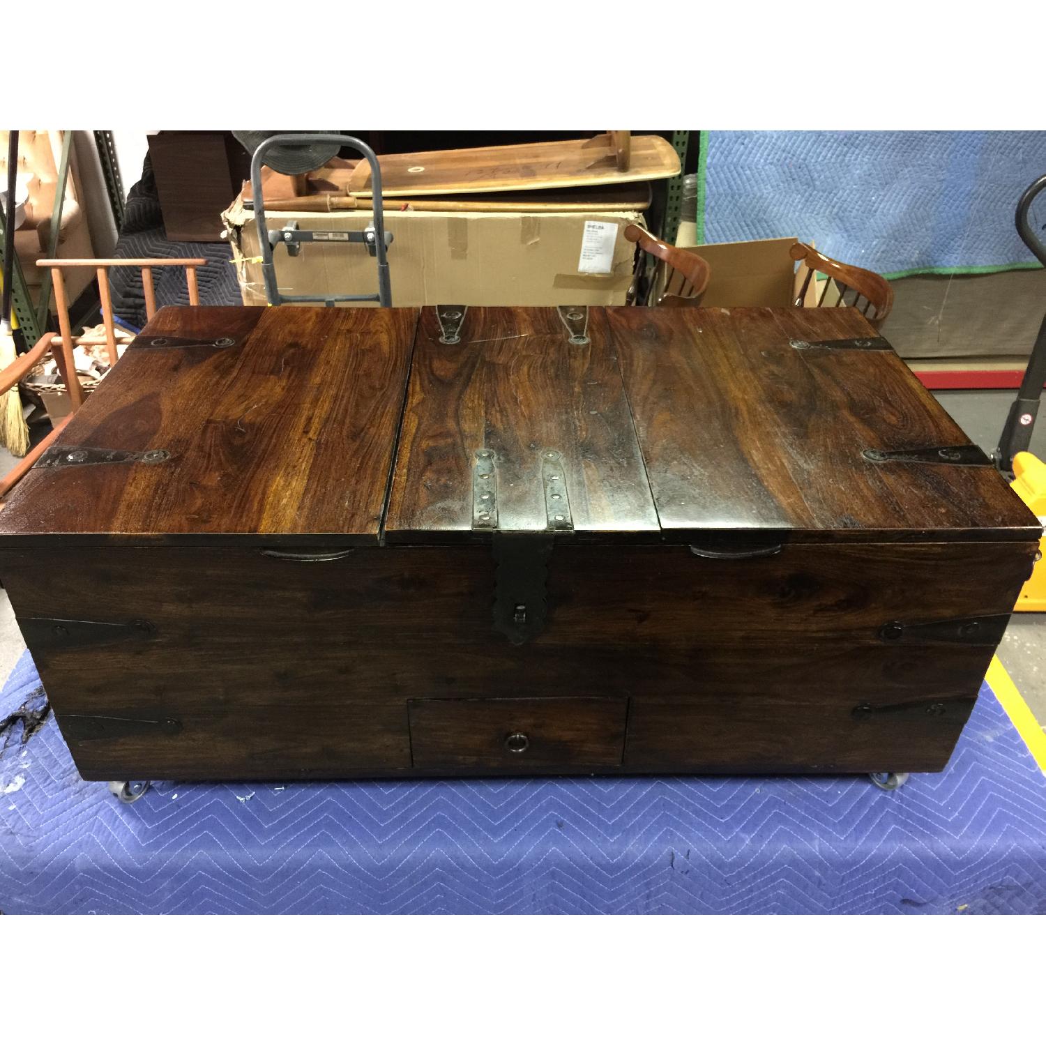 Vintage Wooden Chest with Metal Wheels - image-5