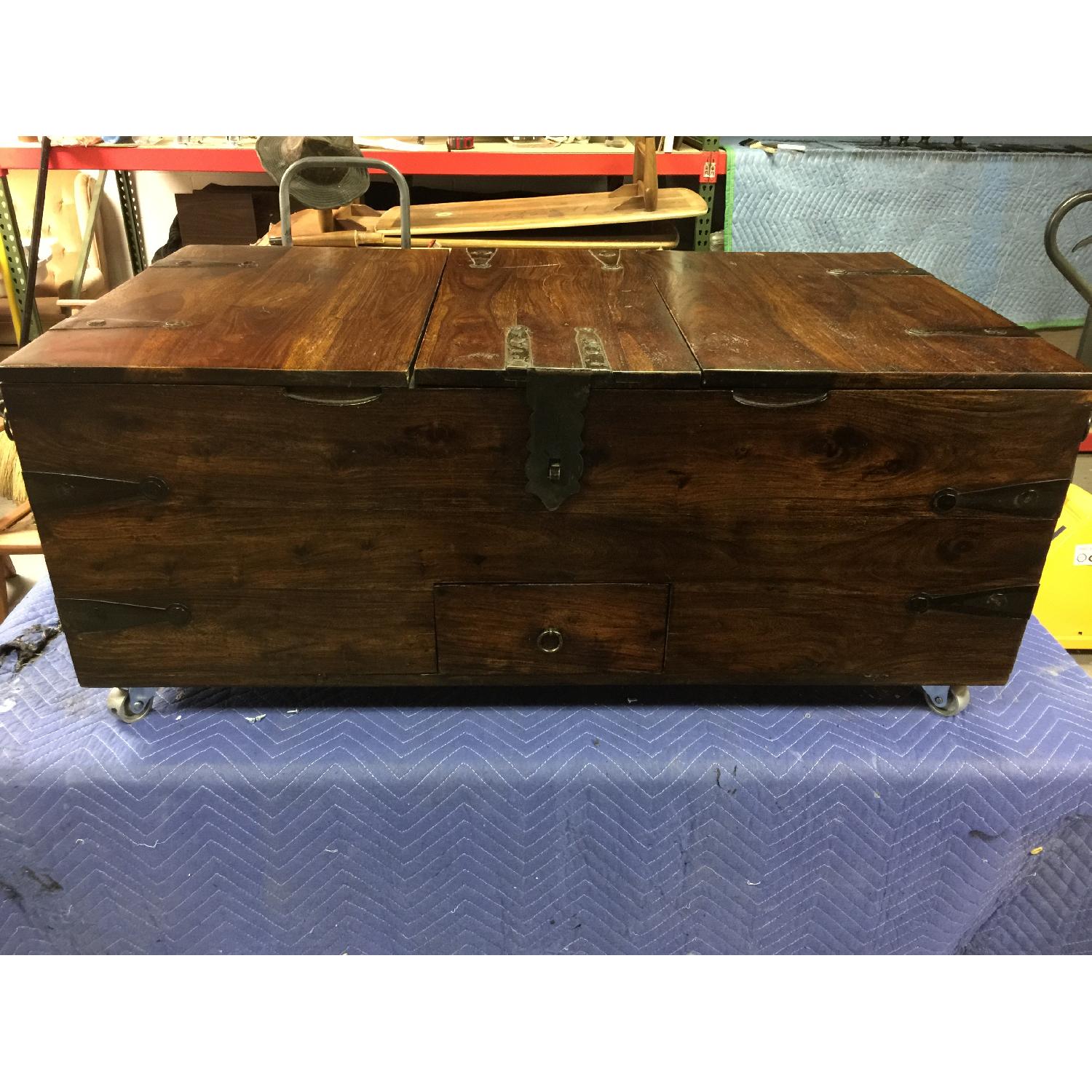 Vintage Wooden Chest with Metal Wheels - image-6