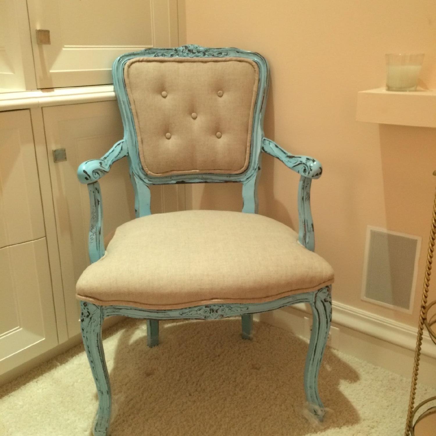 French Upholstered Tufted Turquoise & Ivory Armchair - image-1