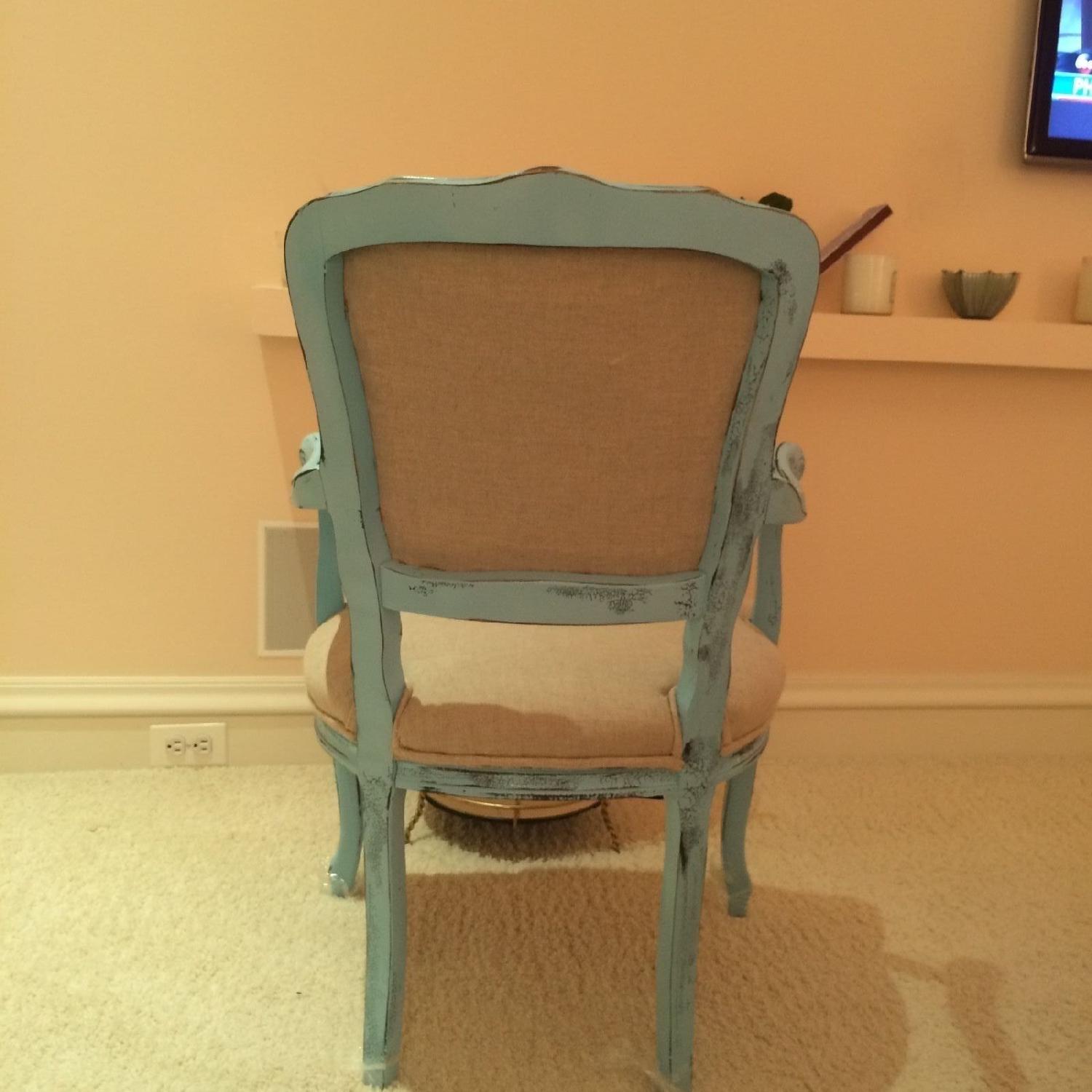 French Upholstered Tufted Turquoise & Ivory Armchair - image-2