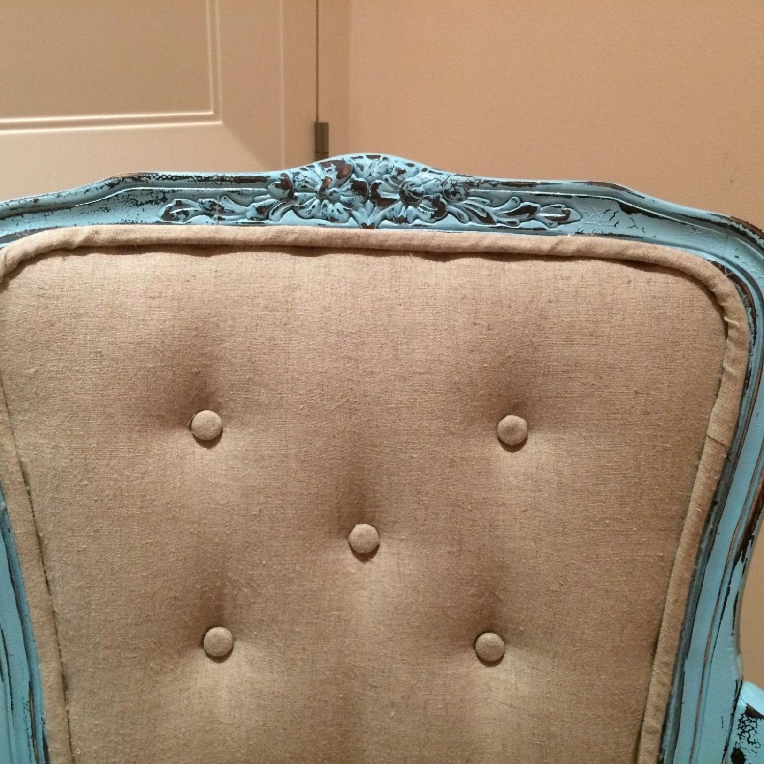 French Upholstered Tufted Turquoise & Ivory Armchair - image-3