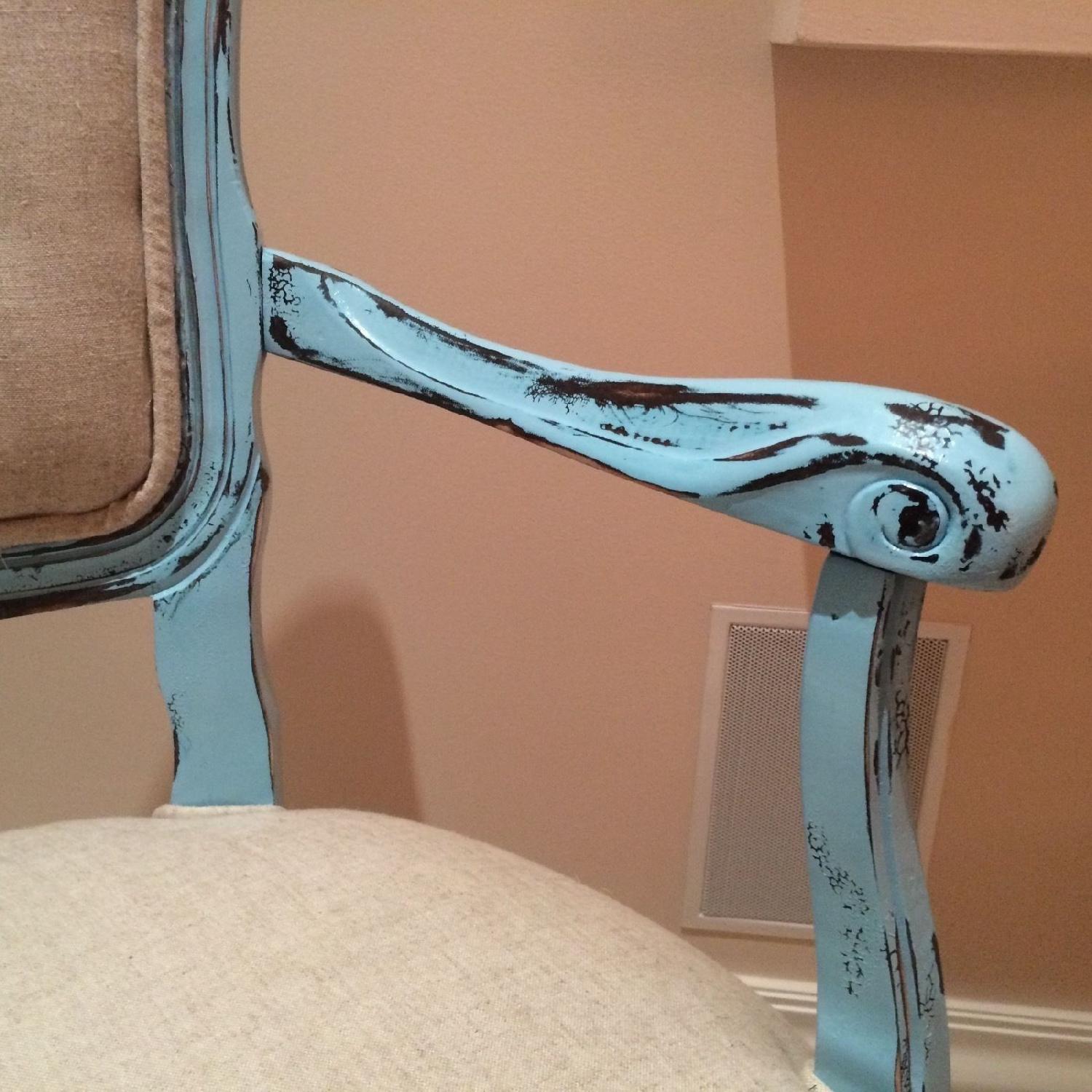 French Upholstered Tufted Turquoise & Ivory Armchair - image-4