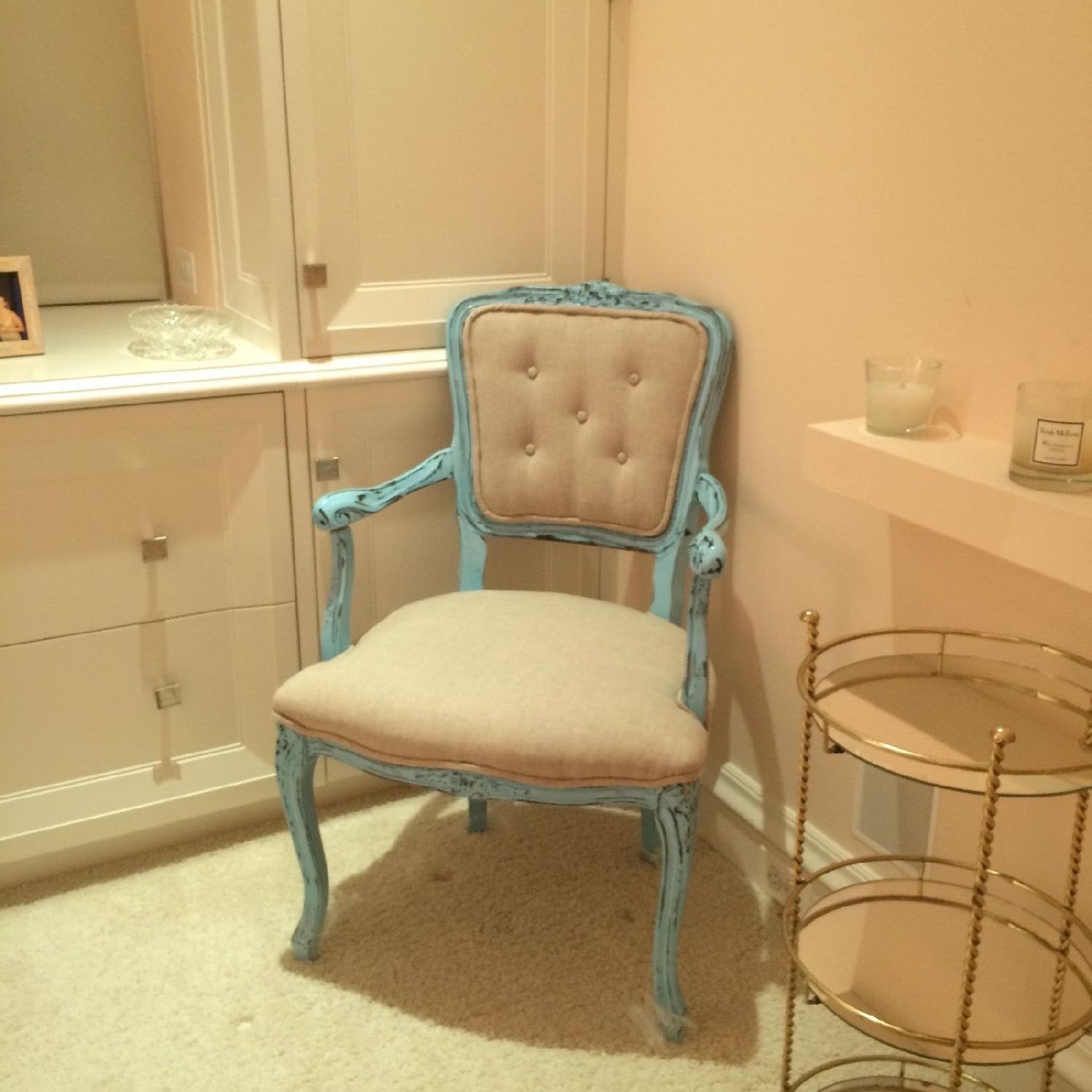 French Upholstered Tufted Turquoise & Ivory Armchair - image-5