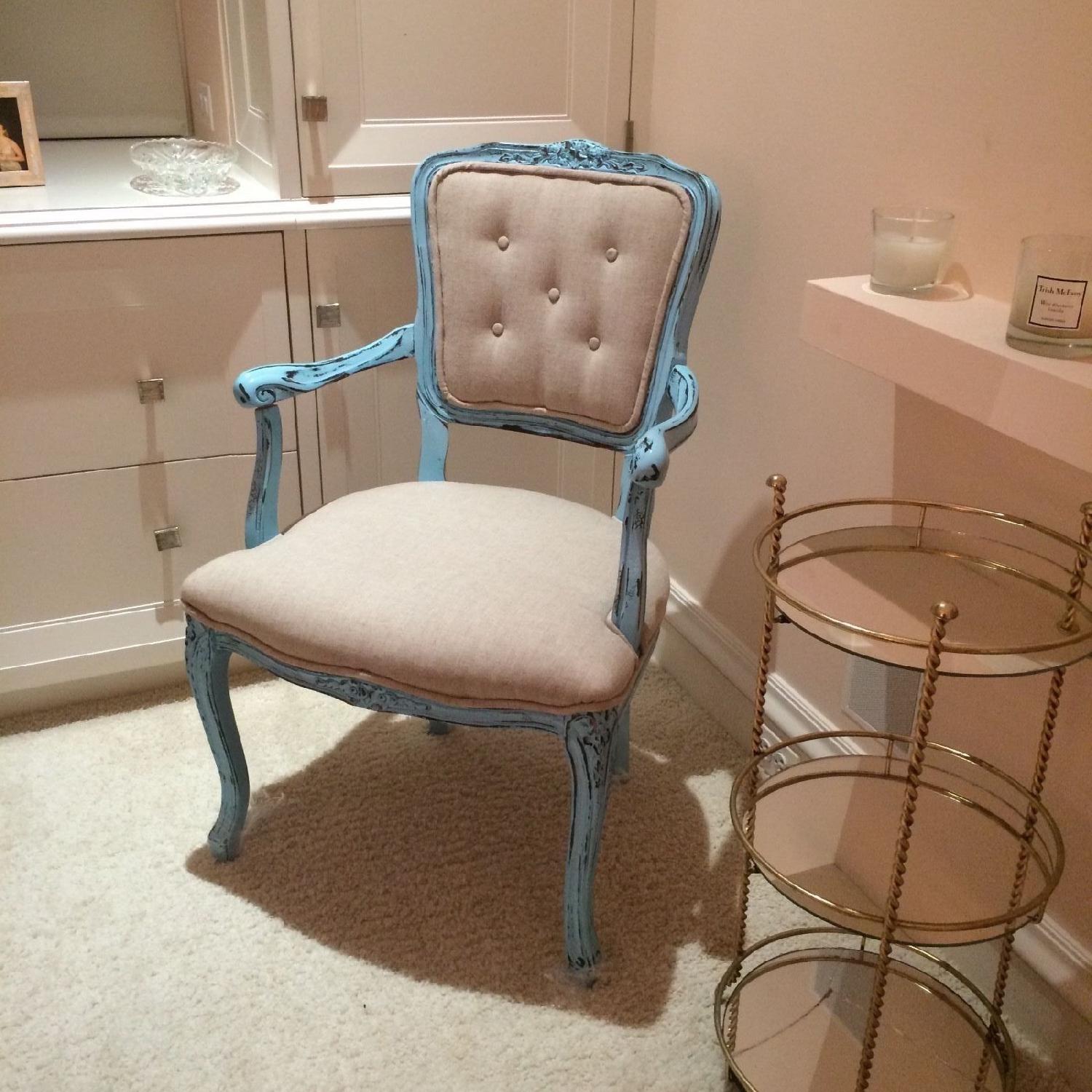 French Upholstered Tufted Turquoise & Ivory Armchair - image-6