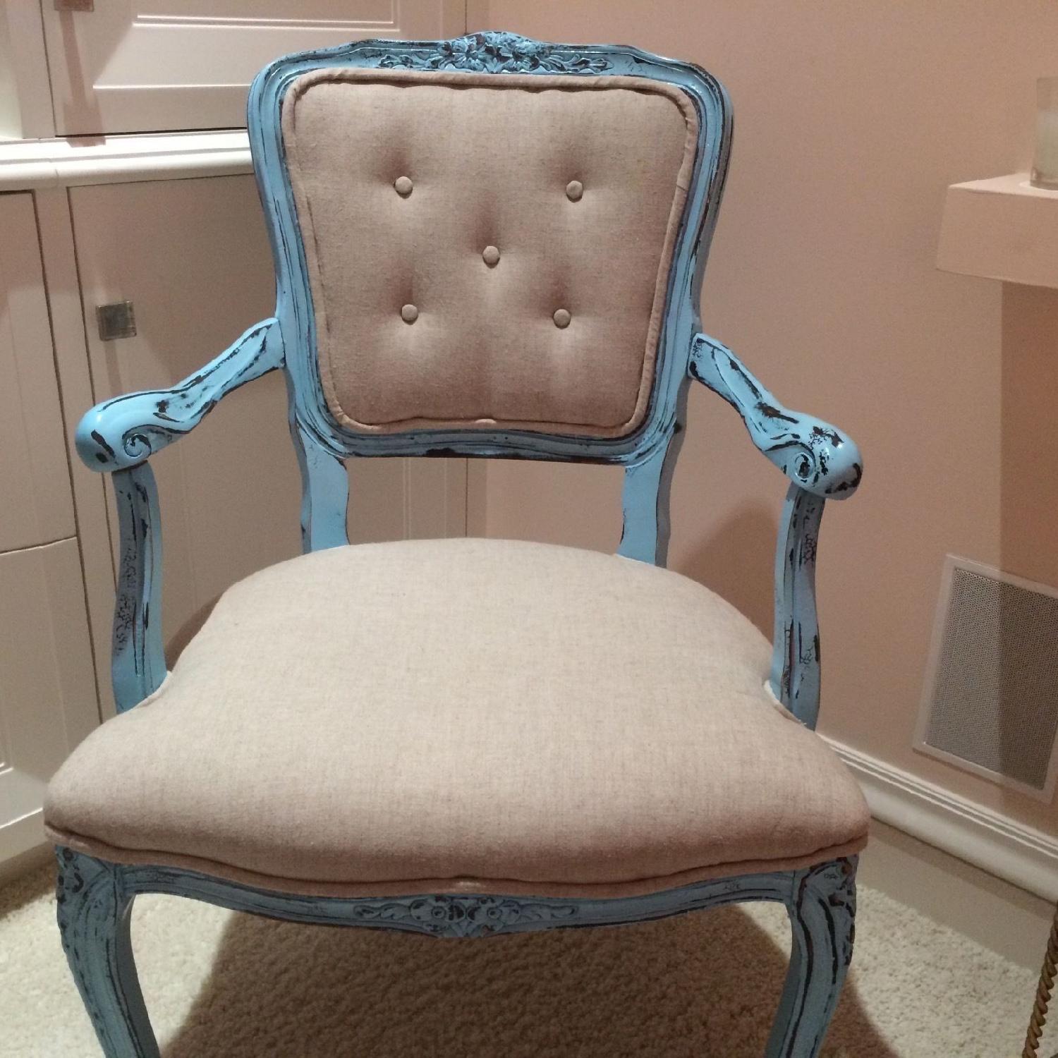 French Upholstered Tufted Turquoise & Ivory Armchair - image-7