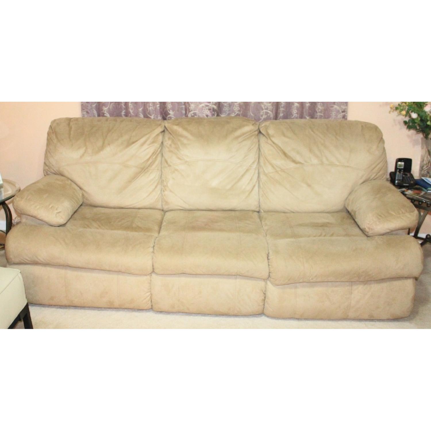 Rooms To Go Light Brown Suede 3 Seater Sleeper Sofa + Loveseats with 1 Recliner - image-1