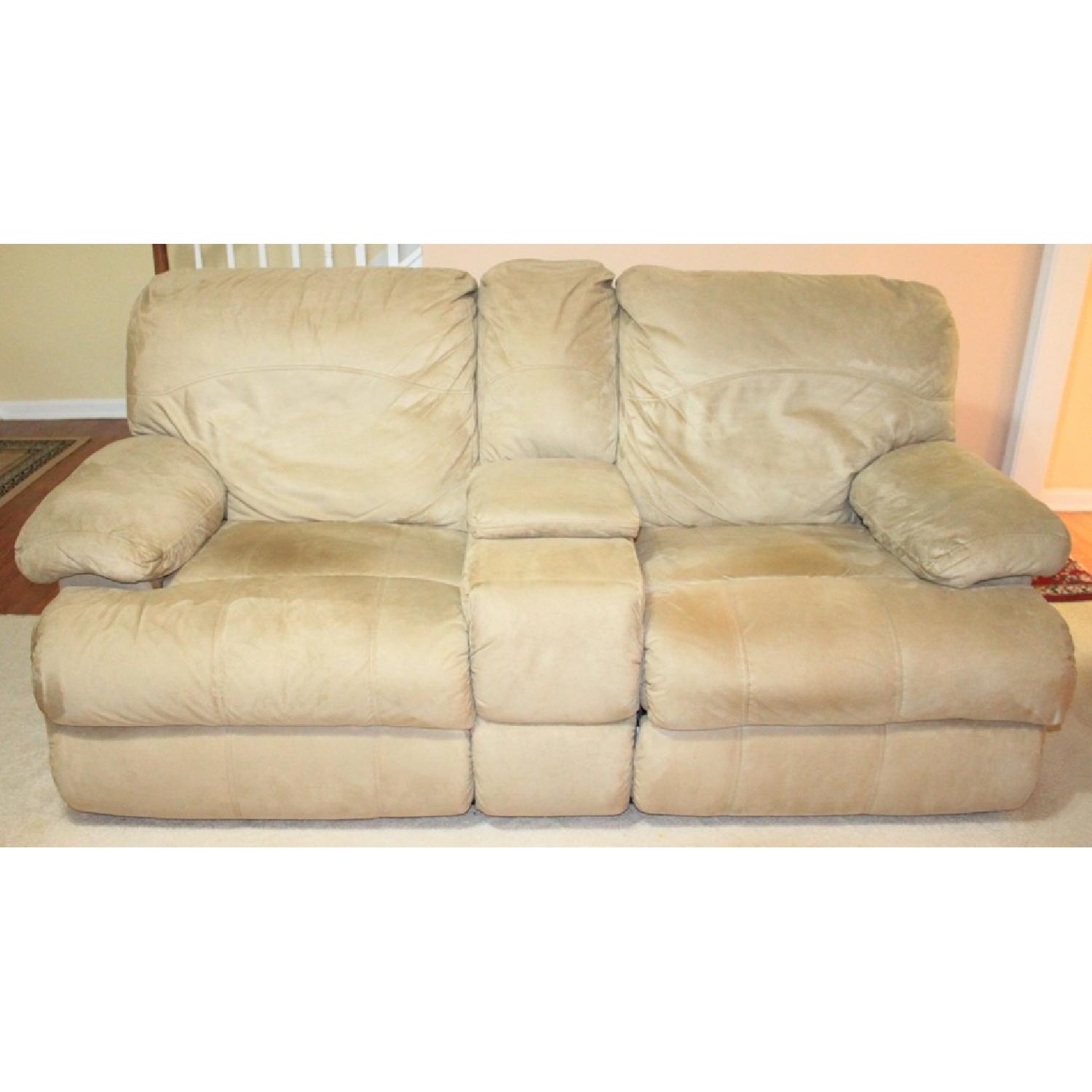 Rooms To Go Light Brown Suede 3 Seater Sleeper Sofa + Loveseats with 1 Recliner - image-2