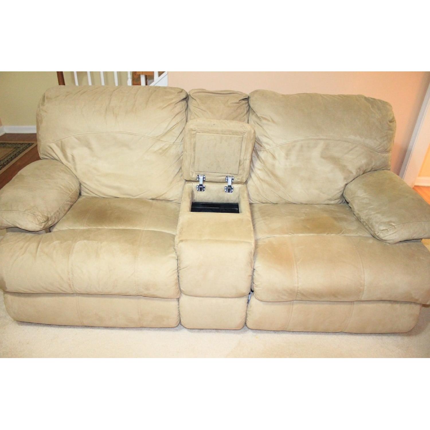 Rooms To Go Light Brown Suede 3 Seater Sleeper Sofa + Loveseats with 1 Recliner - image-3