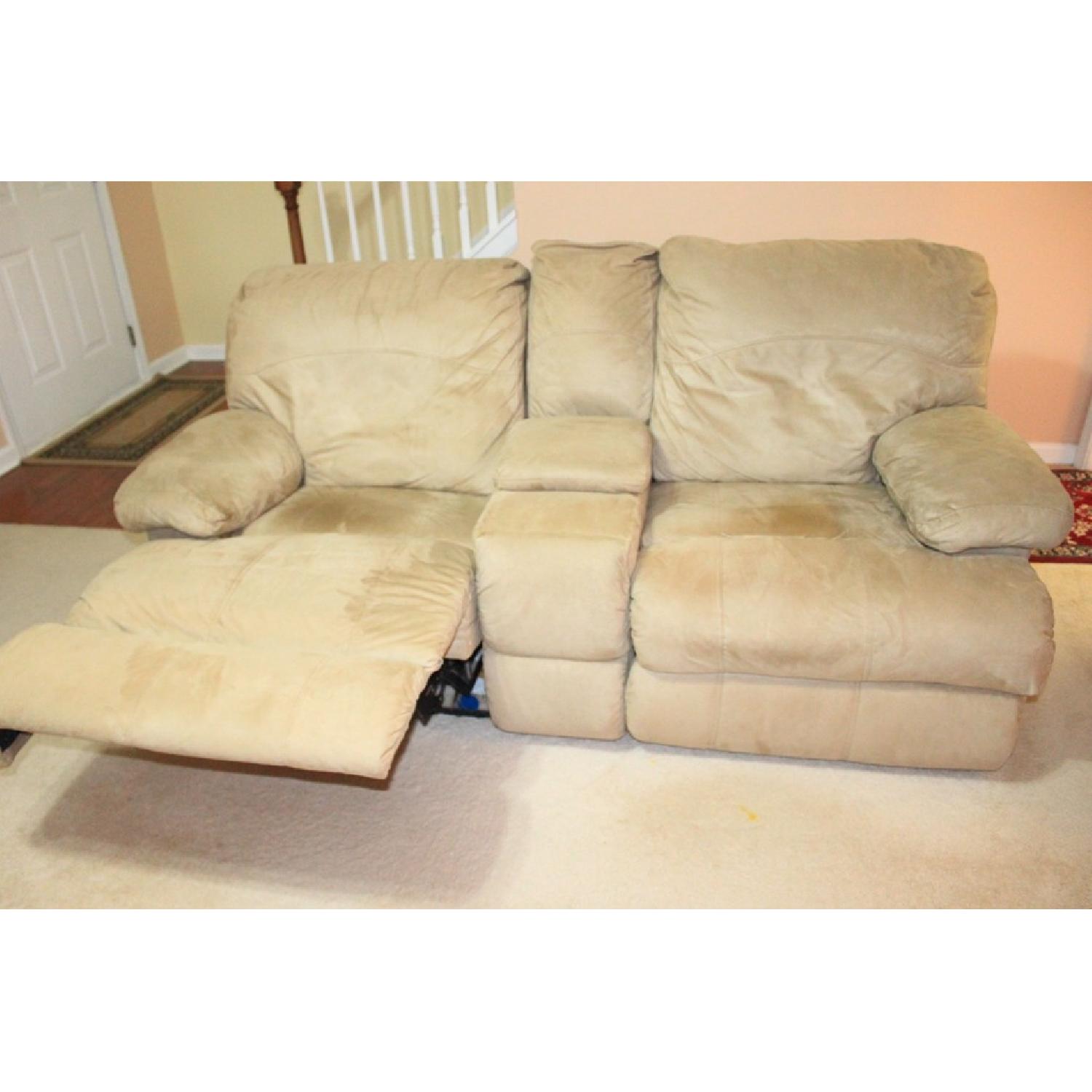 Rooms To Go Light Brown Suede 3 Seater Sleeper Sofa + Loveseats with 1 Recliner - image-4