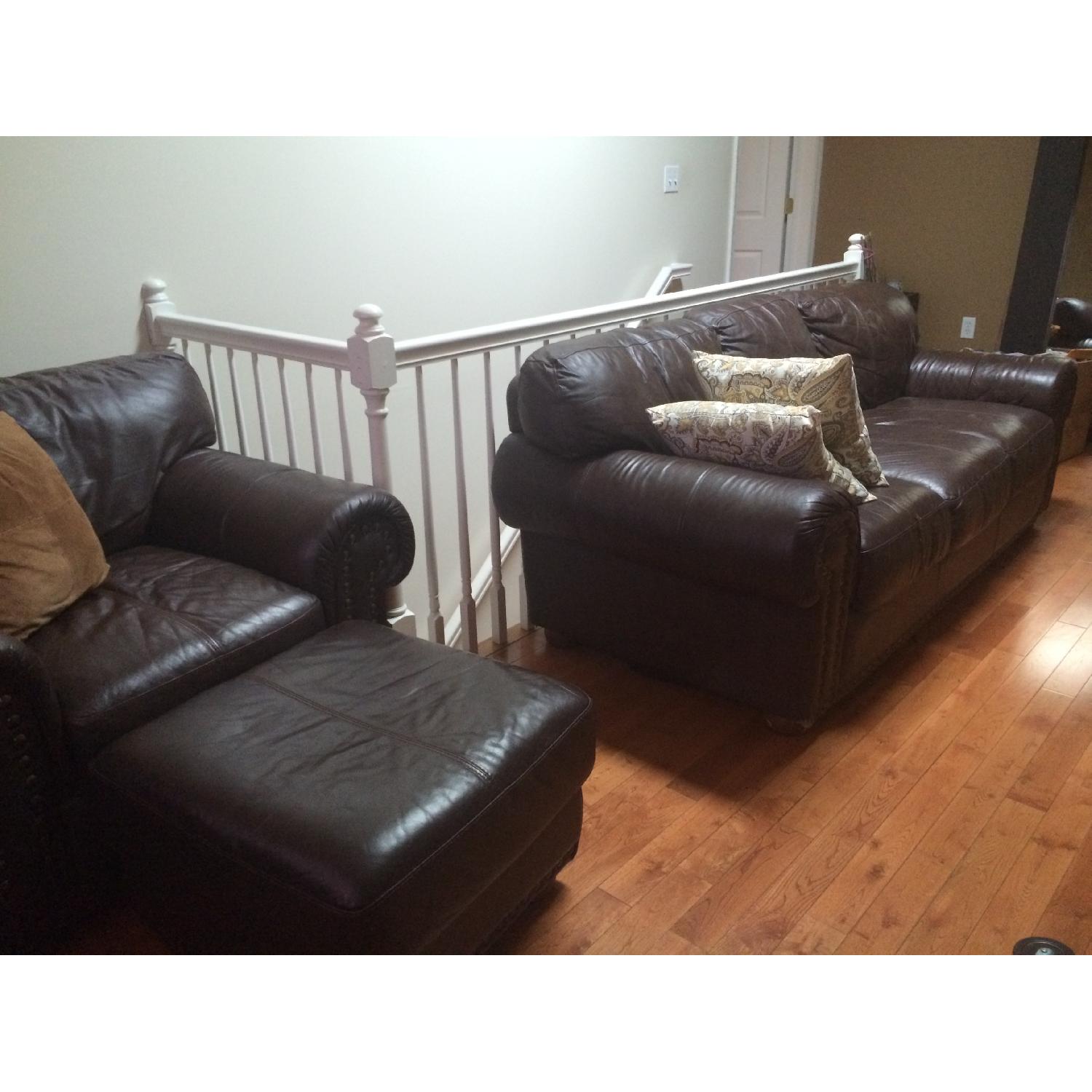 Leather 3 Seater Sofa + Single Seater w/ Ottoman - image-1