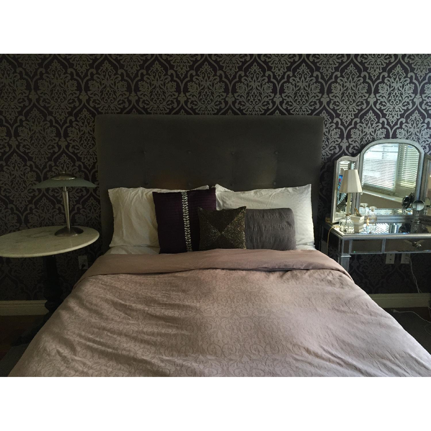 Grey Queen Size Bed Frame w/ Quilted Button Tufted Velvet Headboard - image-1