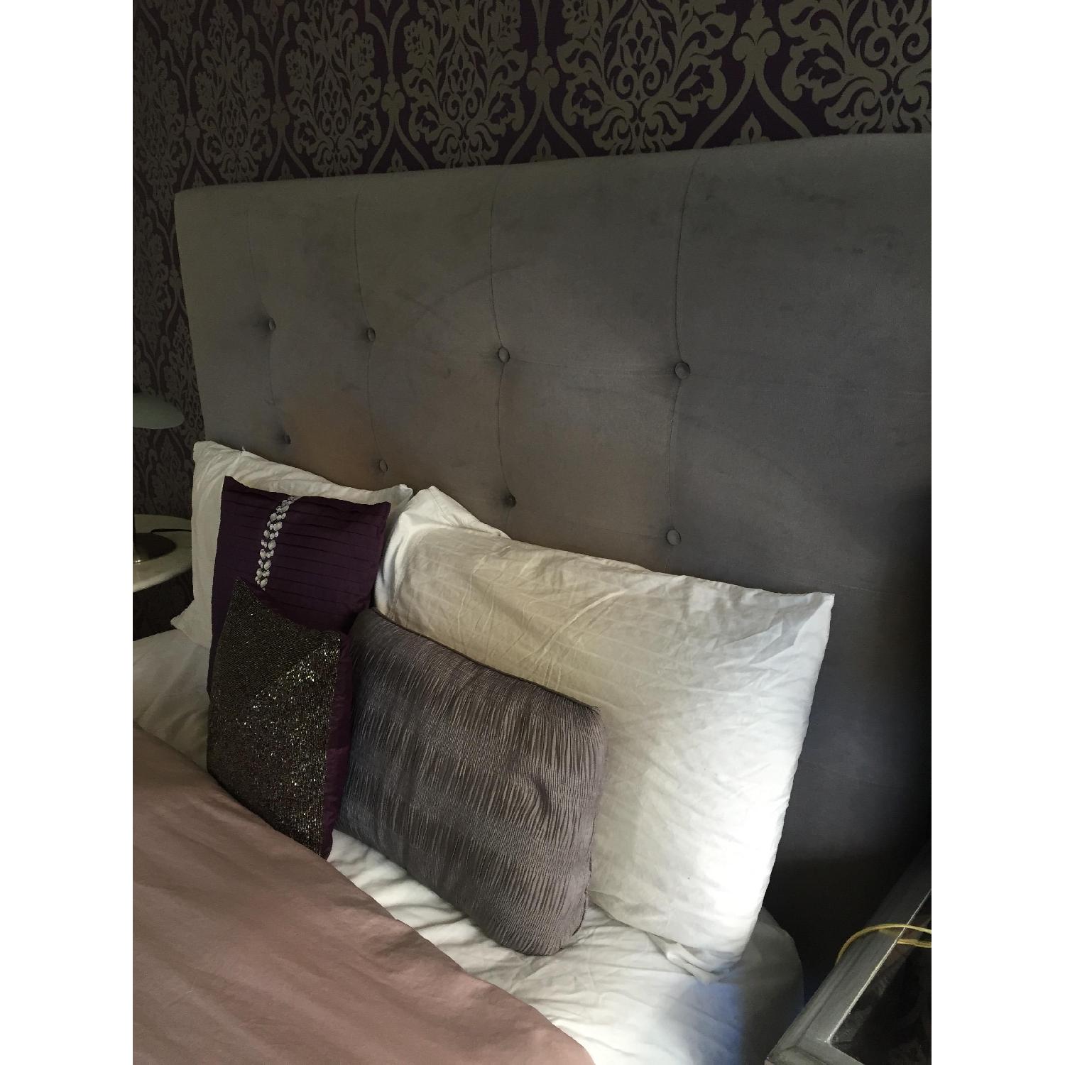 Grey Queen Size Bed Frame w/ Quilted Button Tufted Velvet Headboard - image-2