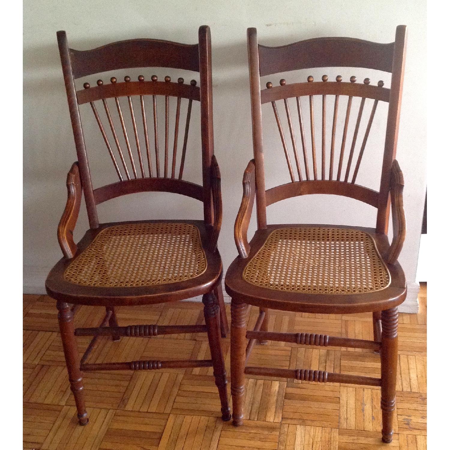 Antique Oak Wood Spindle-Back Chair w/ Newly Caned Seat - image-6