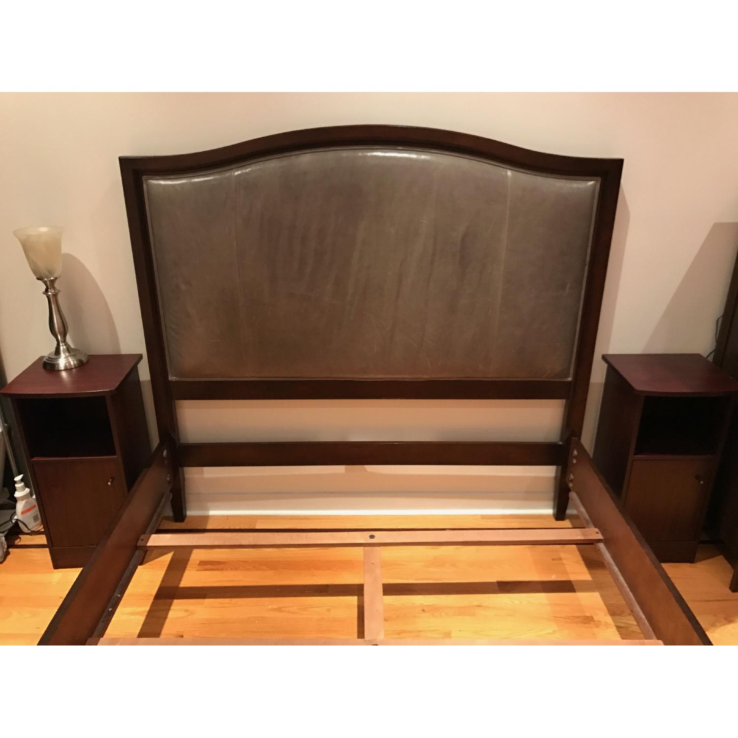 Ethan Allen Charlton Solid Wood Queen Bed w/ Gray Leather Headboard - image-1