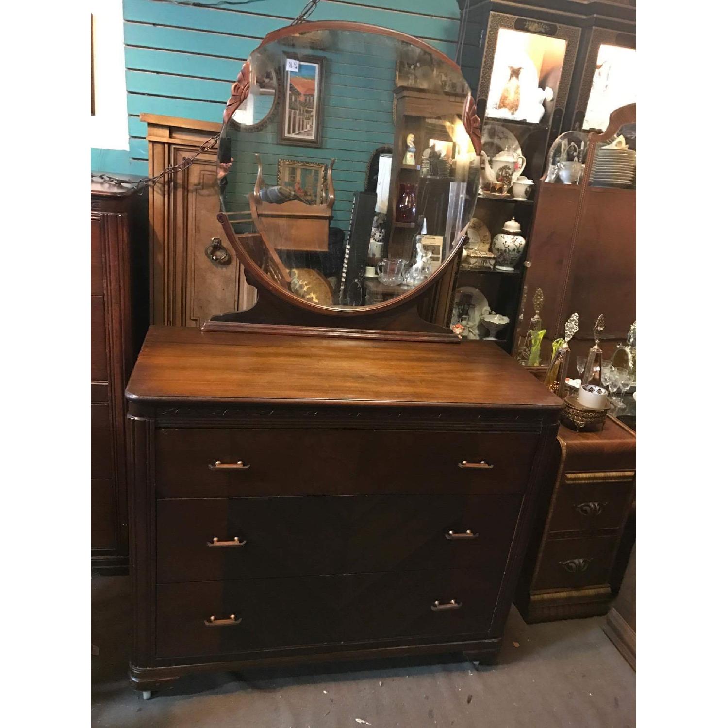 Antique 1930s Mahogany Dresser on Wheels w/ Original Handles & Mirror - image-2