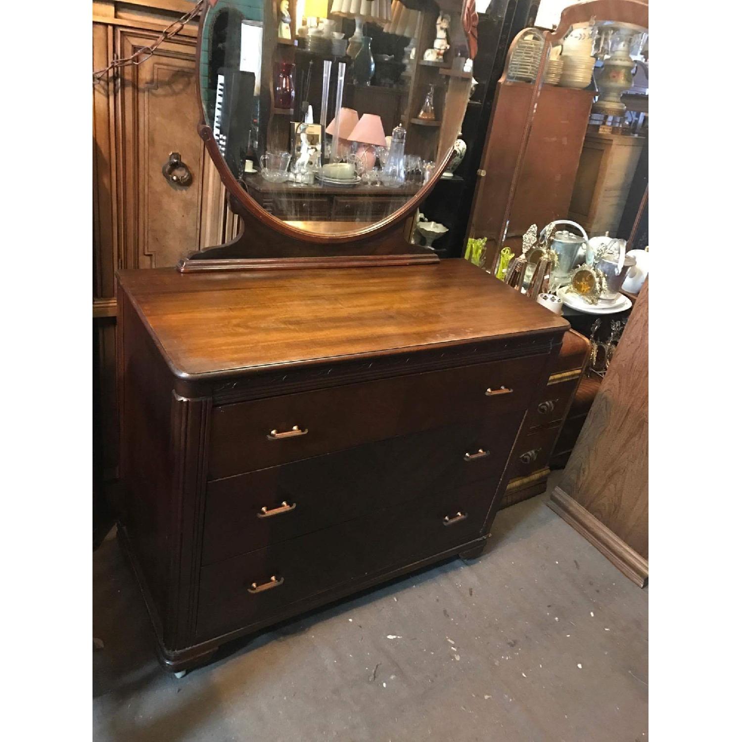 Antique 1930s Mahogany Dresser on Wheels w/ Original Handles & Mirror - image-31