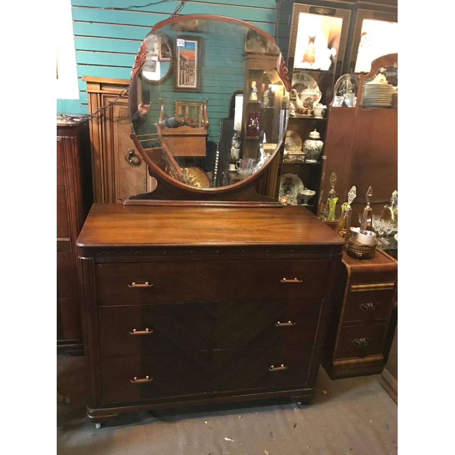 Antique 1930s Mahogany Dresser on Wheels w/ Original Handles & Mirror - image-37