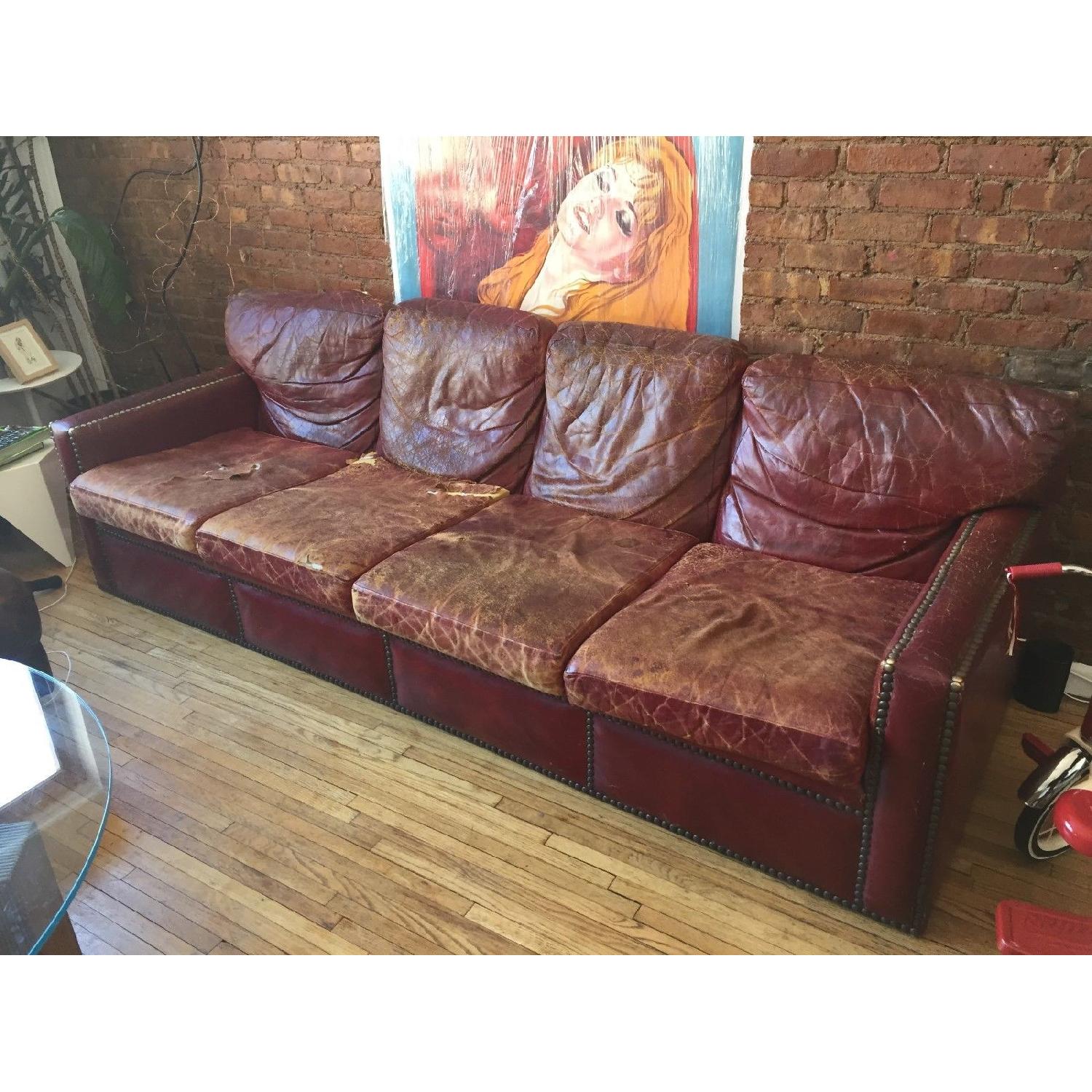 Vintage 40s Oxblood Red Leather Sofa w/ Brass Nailheads - image-4