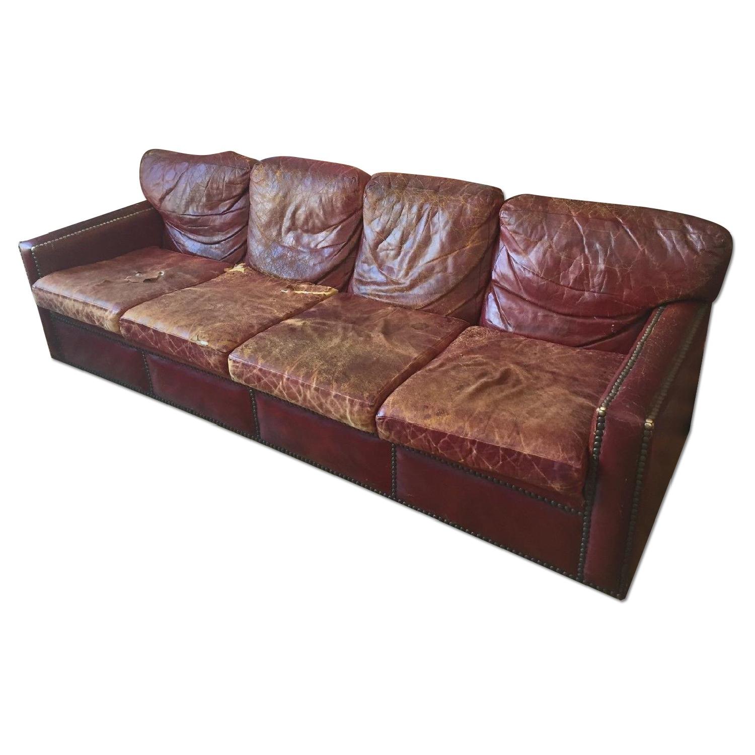 Vintage 40s Oxblood Red Leather Sofa w/ Brass Nailheads - image-0