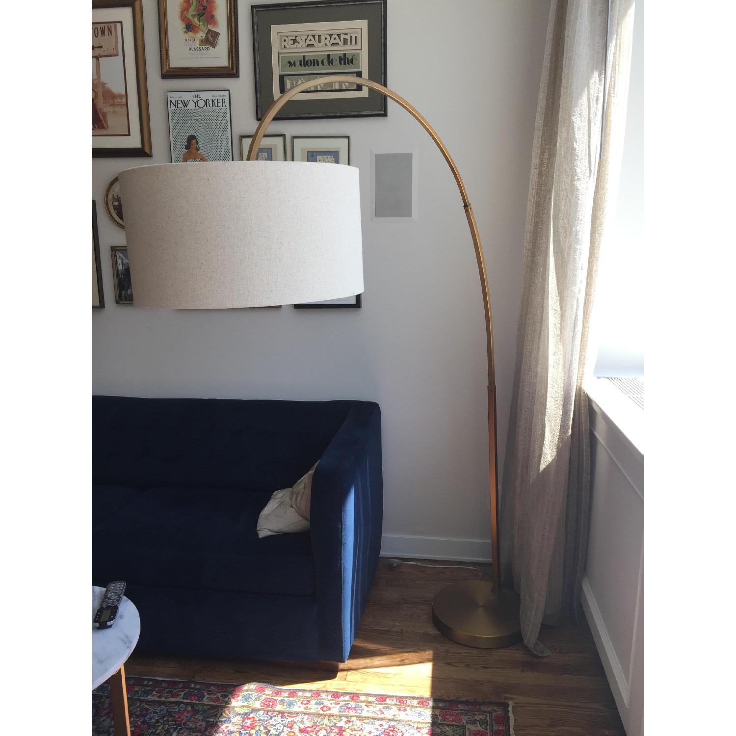 West Elm Overarching Linen Shade Floor Lamp in Antique Brass - AptDeco