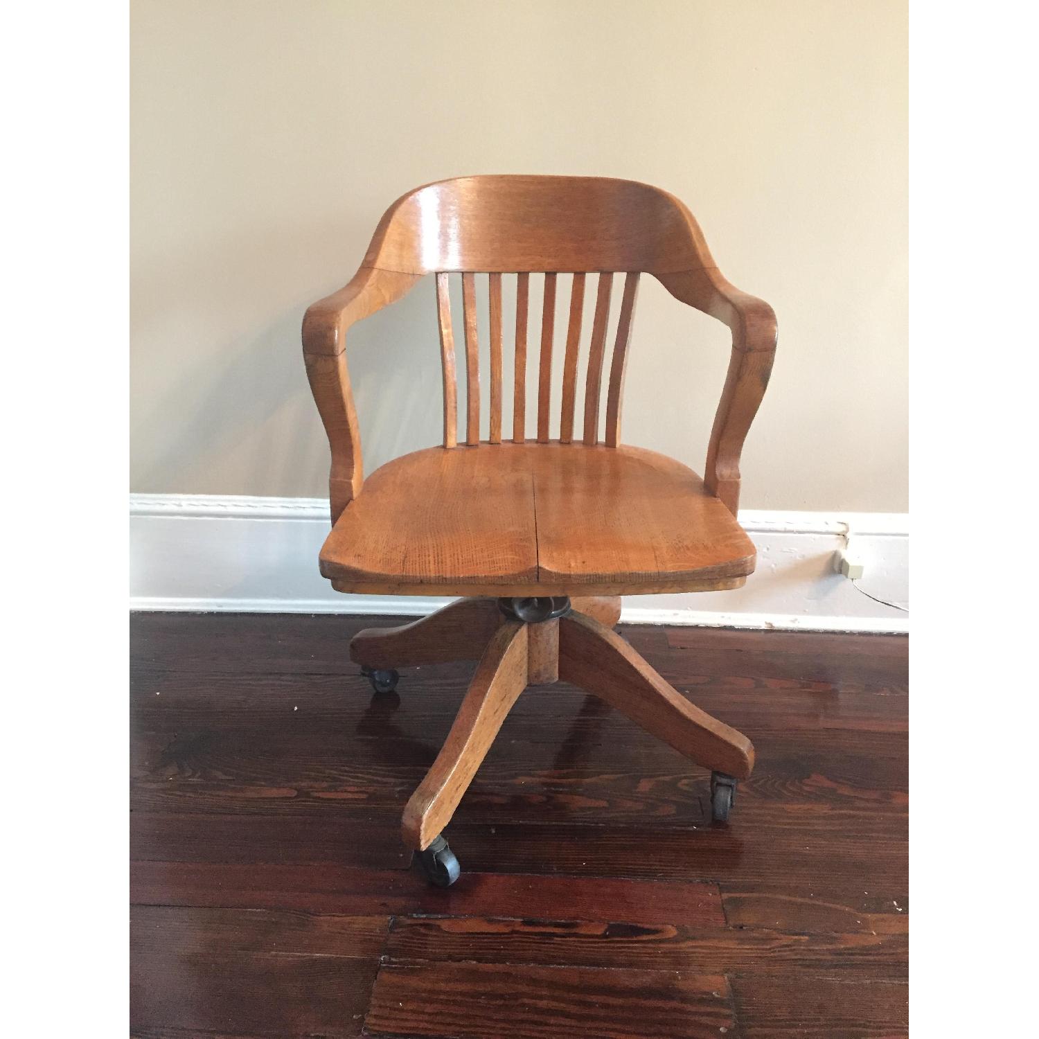 Solid Oak Antique Desk Chair on Wheels - image-1