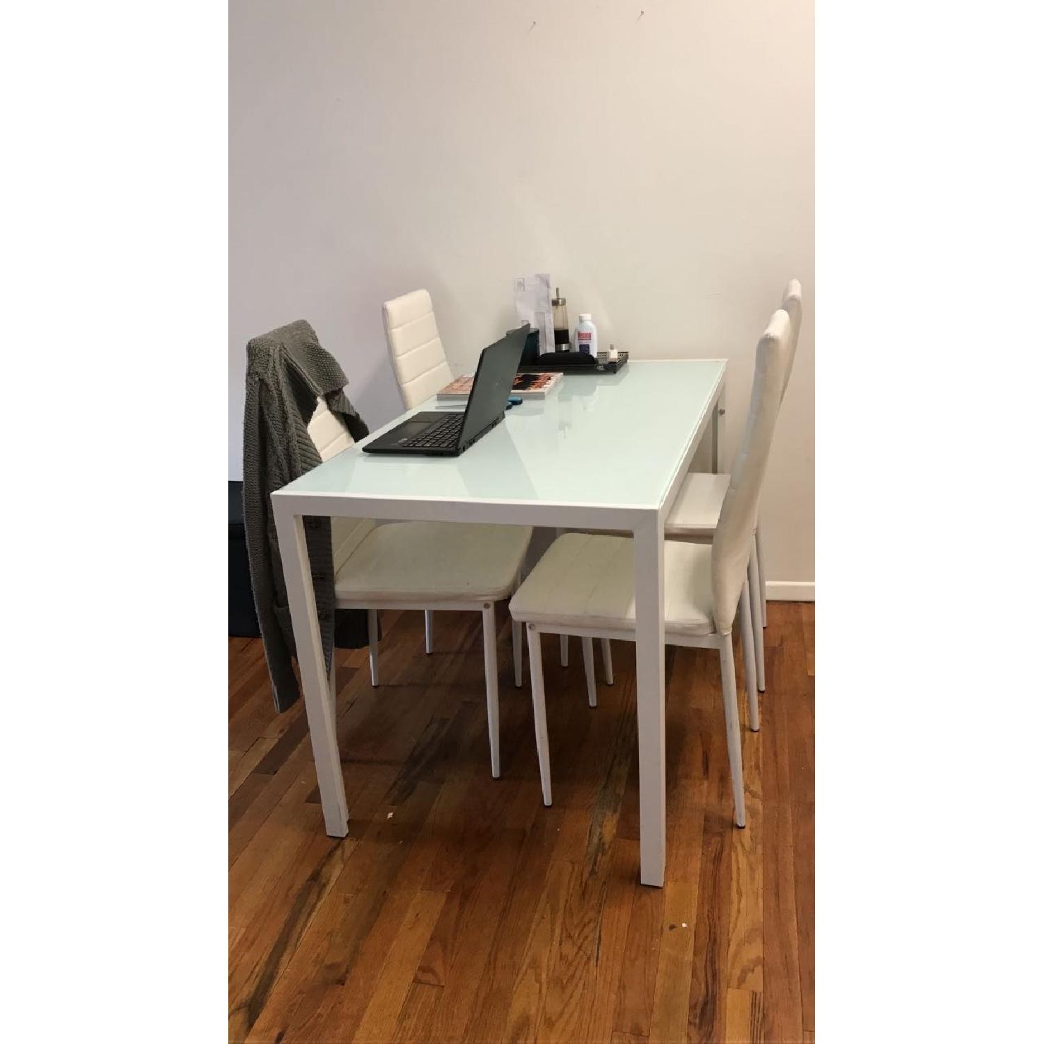 Rectangular Glass Top Dining Table w/ 4 Faux Leather Chairs in White - image-5