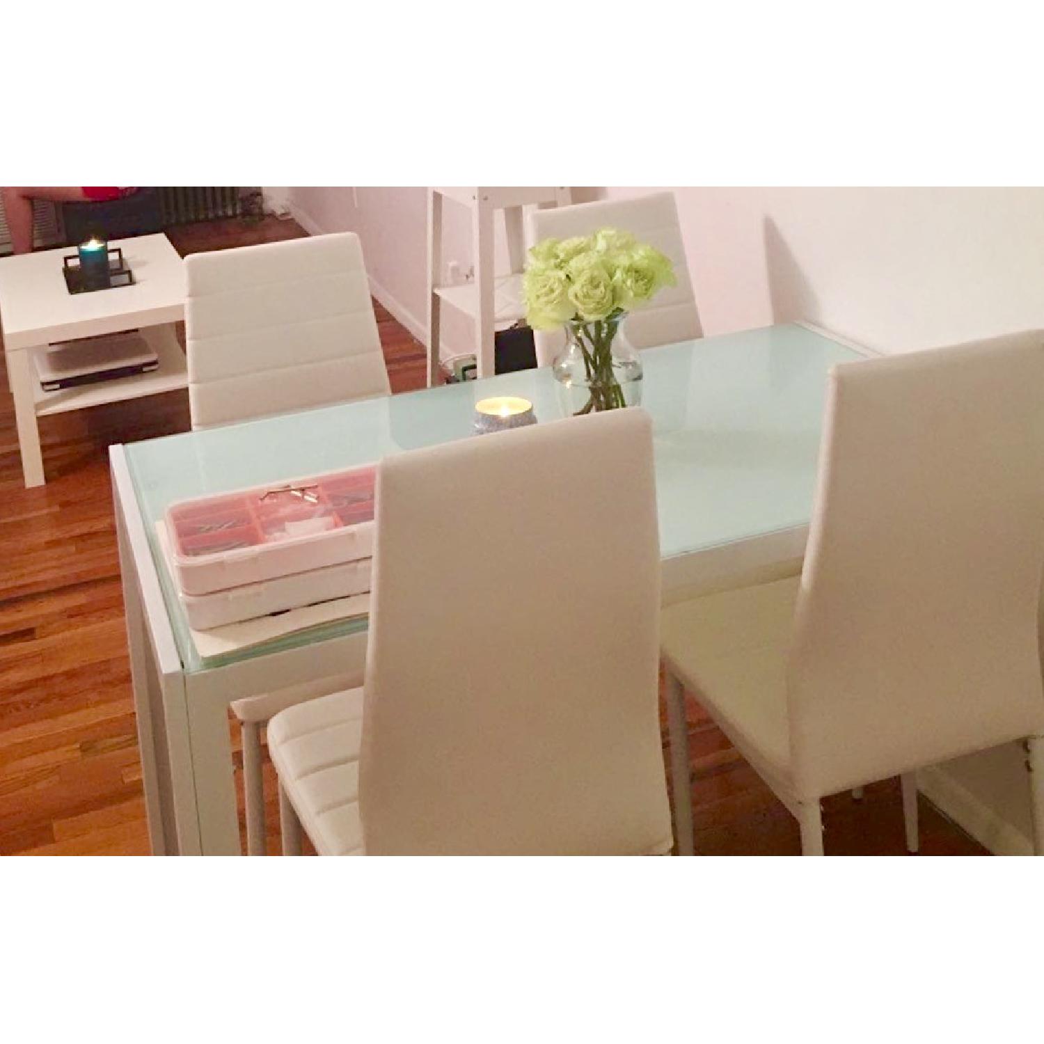 Rectangular Glass Top Dining Table w/ 4 Faux Leather Chairs in White - image-6