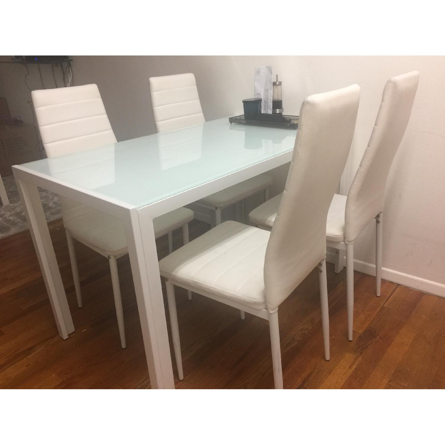 Rectangular Glass Top Dining Table w/ 4 Faux Leather Chairs in White - image-9