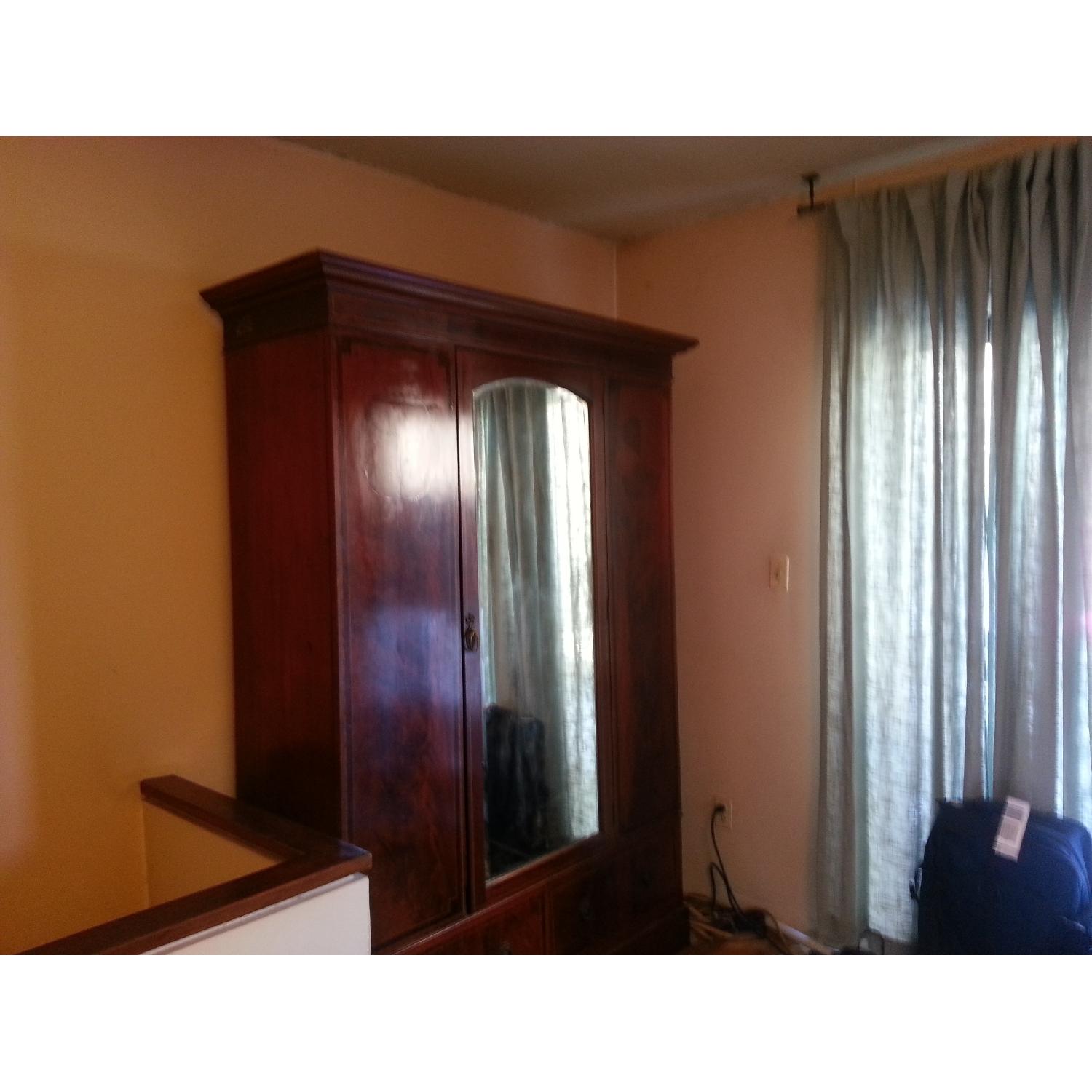 Antique Inlaid Wood Armoire w/ Beveled Mirror - image-1