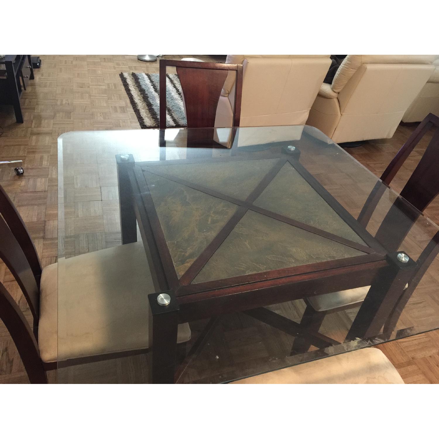 Raymour & Flanigan Glass Top Square Dining Table AptDeco