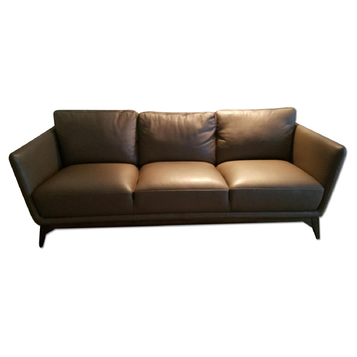 Macy's Kourtney Modern Grey Brown Mushroom Leather Sofa w/ Quilted Sides - image-3