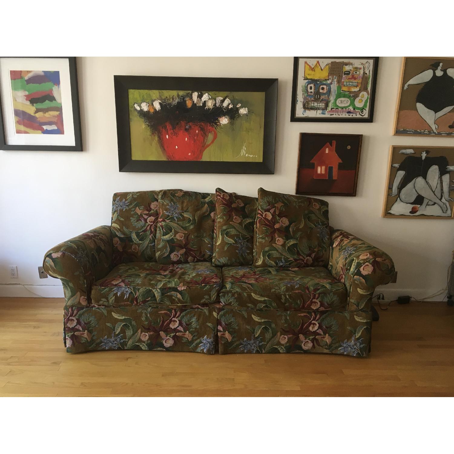 Crate & Barrel Dark Green Couch w/ Floral Design - image-1
