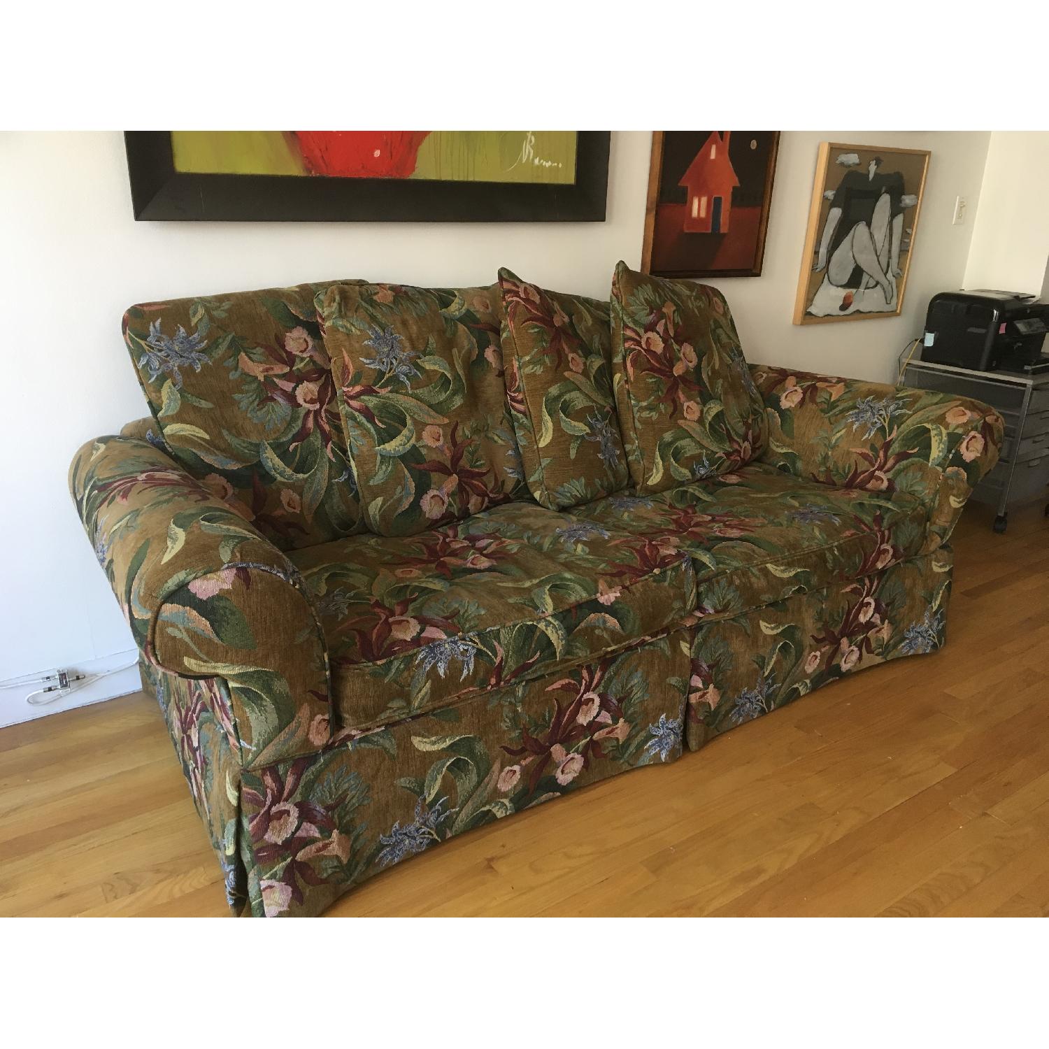 Crate & Barrel Dark Green Couch w/ Floral Design - image-3