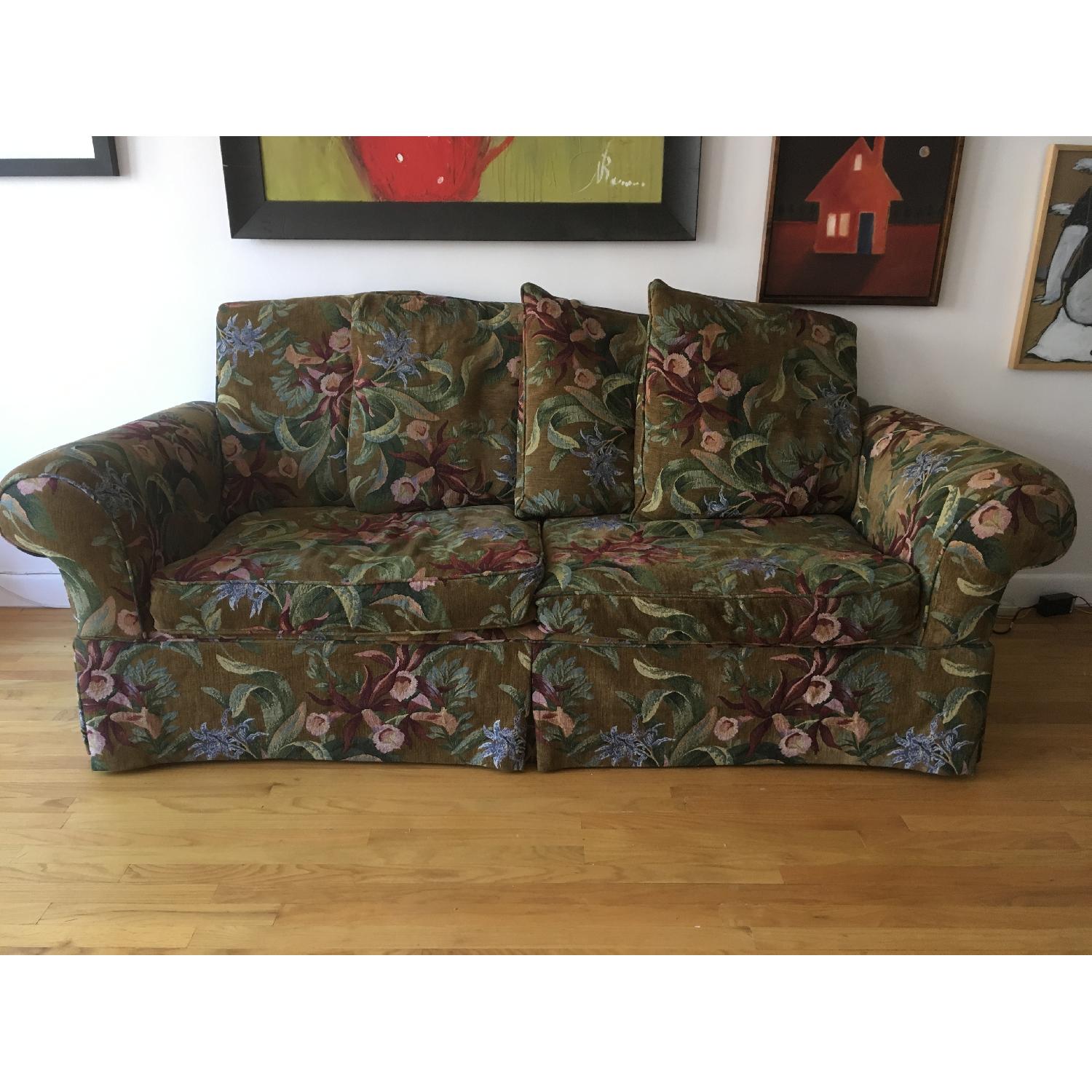 Crate & Barrel Dark Green Couch w/ Floral Design - image-6