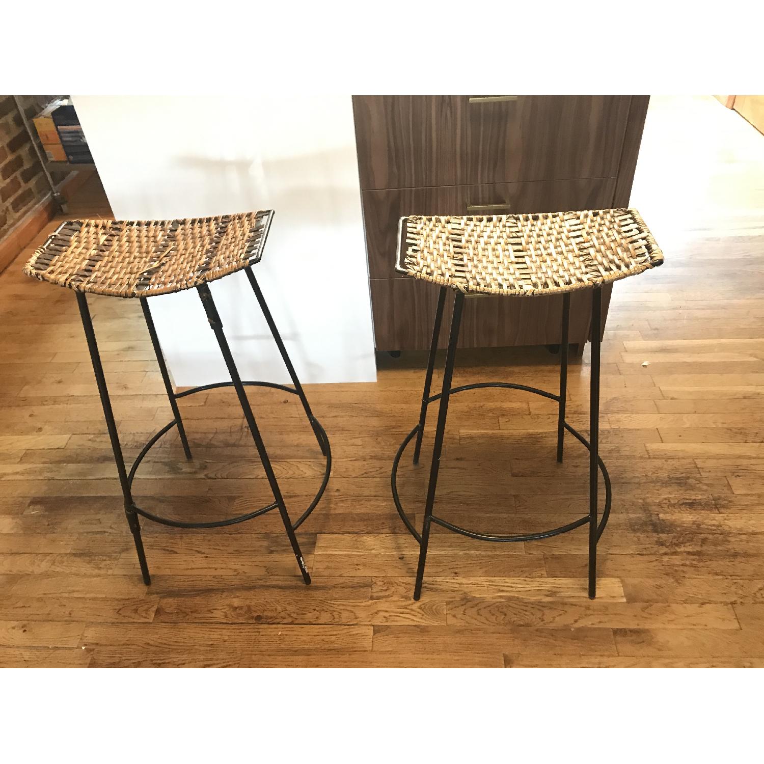 Arthur Umanoff Style Mid Century Modern Wicker & Wrought Iron Bar Stools - image-1